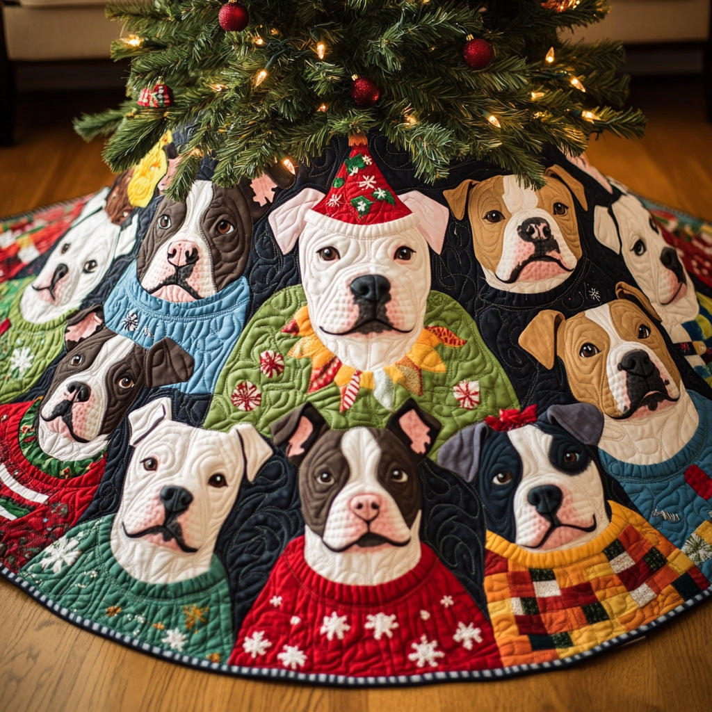 Cheerful Pitbull Pups Quilted Christmas Tree Skirt NCU0PT1545