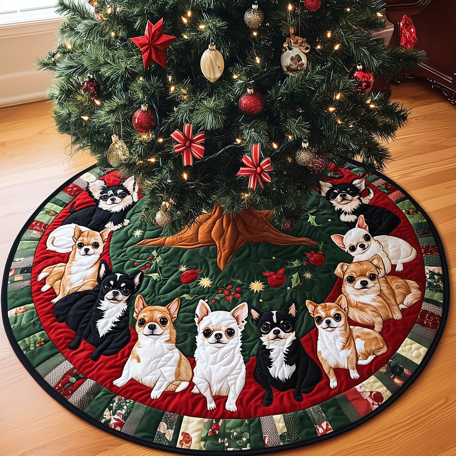 Chihuahua Holiday Spirit Quilted Christmas Tree Skirt NCU0TH1989