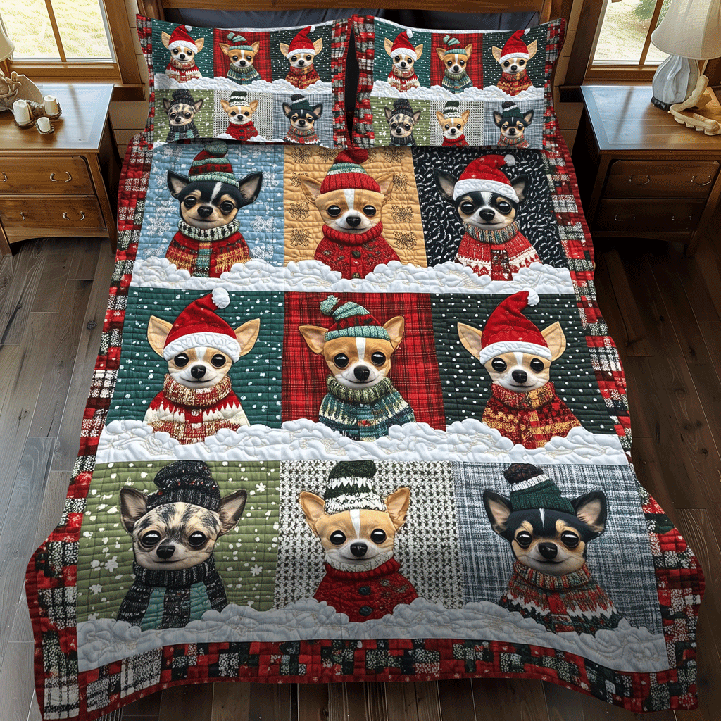 Chihuahua Xmas Crew 3-Piece Quilted Bedding Set NCU0TH2043