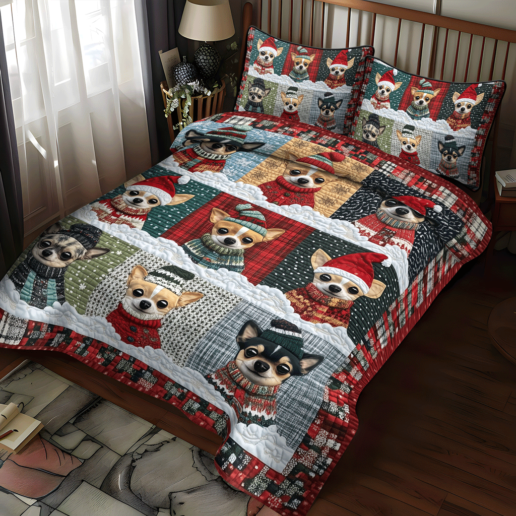 Chihuahua Xmas Crew 3-Piece Quilted Bedding Set NCU0TH2043