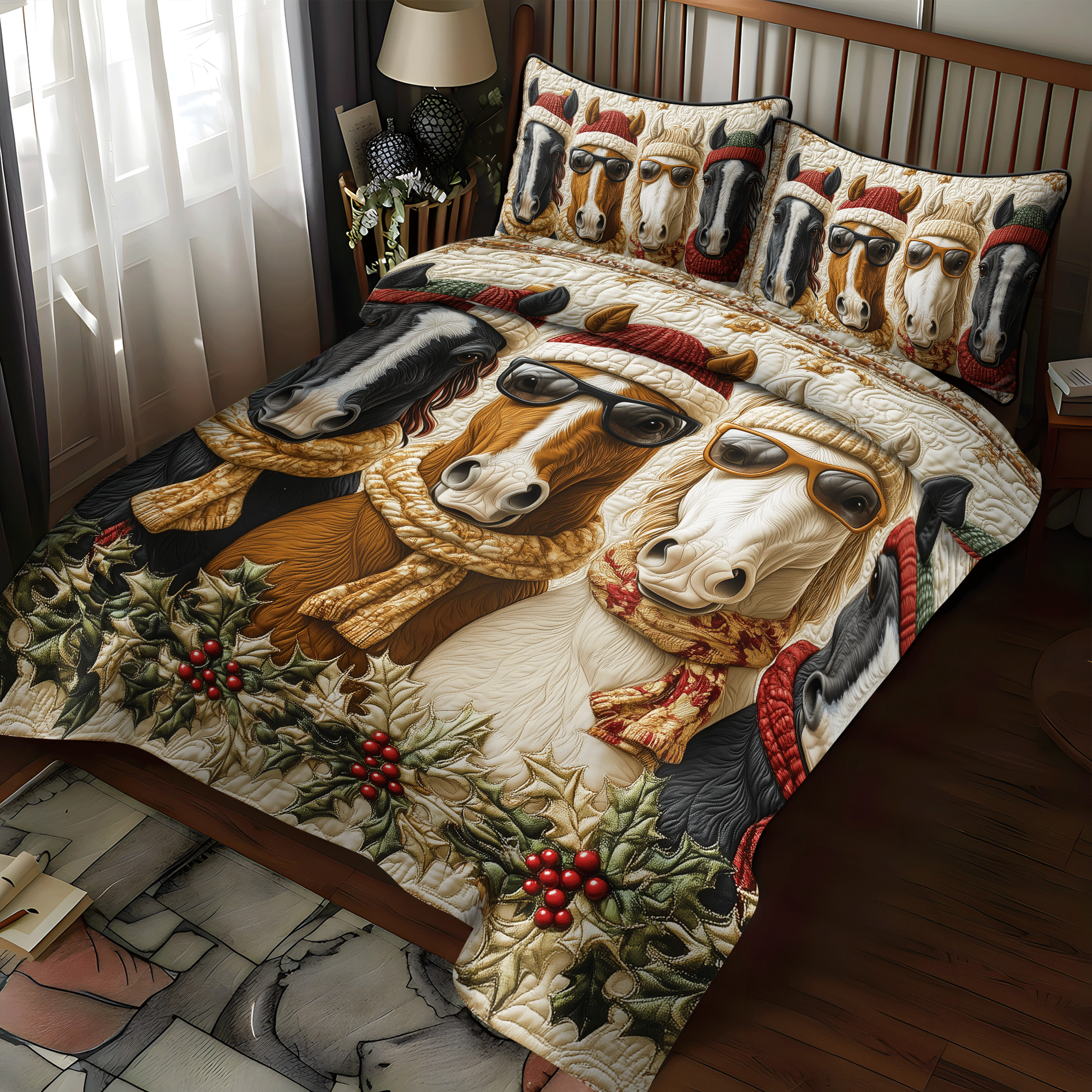 Christmas Horse Quilted Bedding Set NCU0DV1136