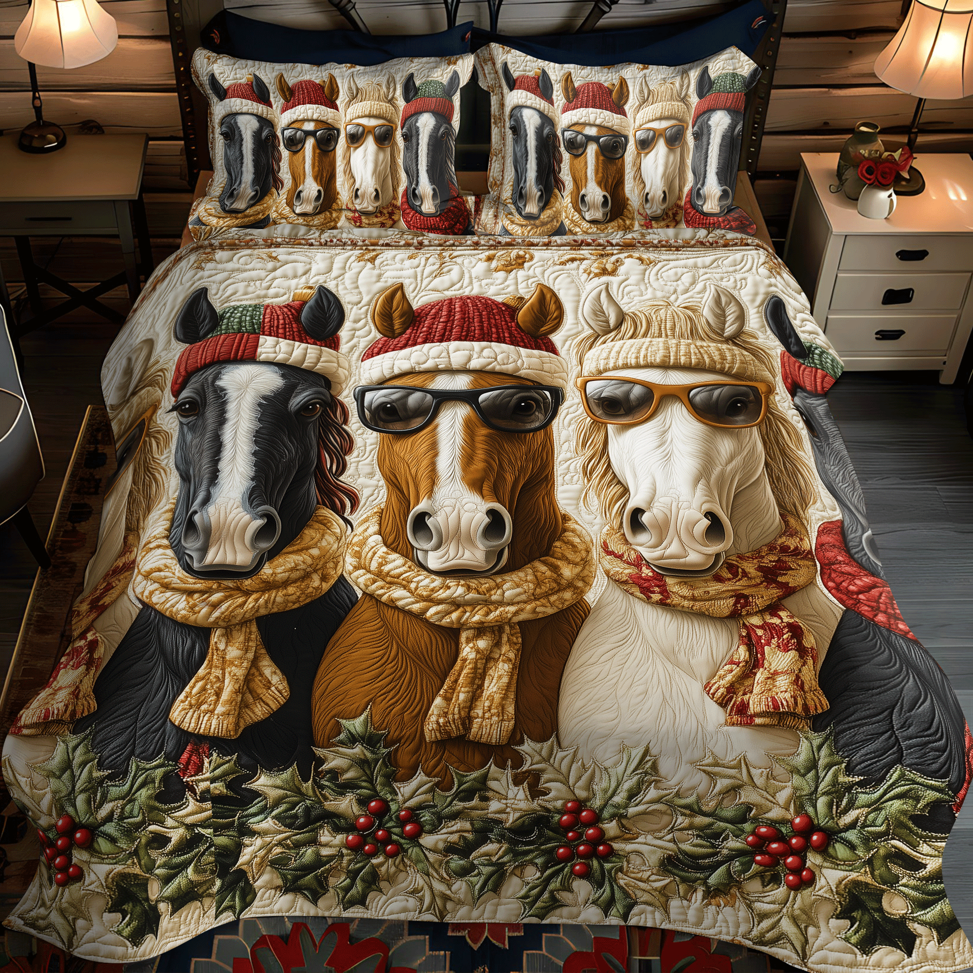 Christmas Horse Quilted Bedding Set NCU0DV1136