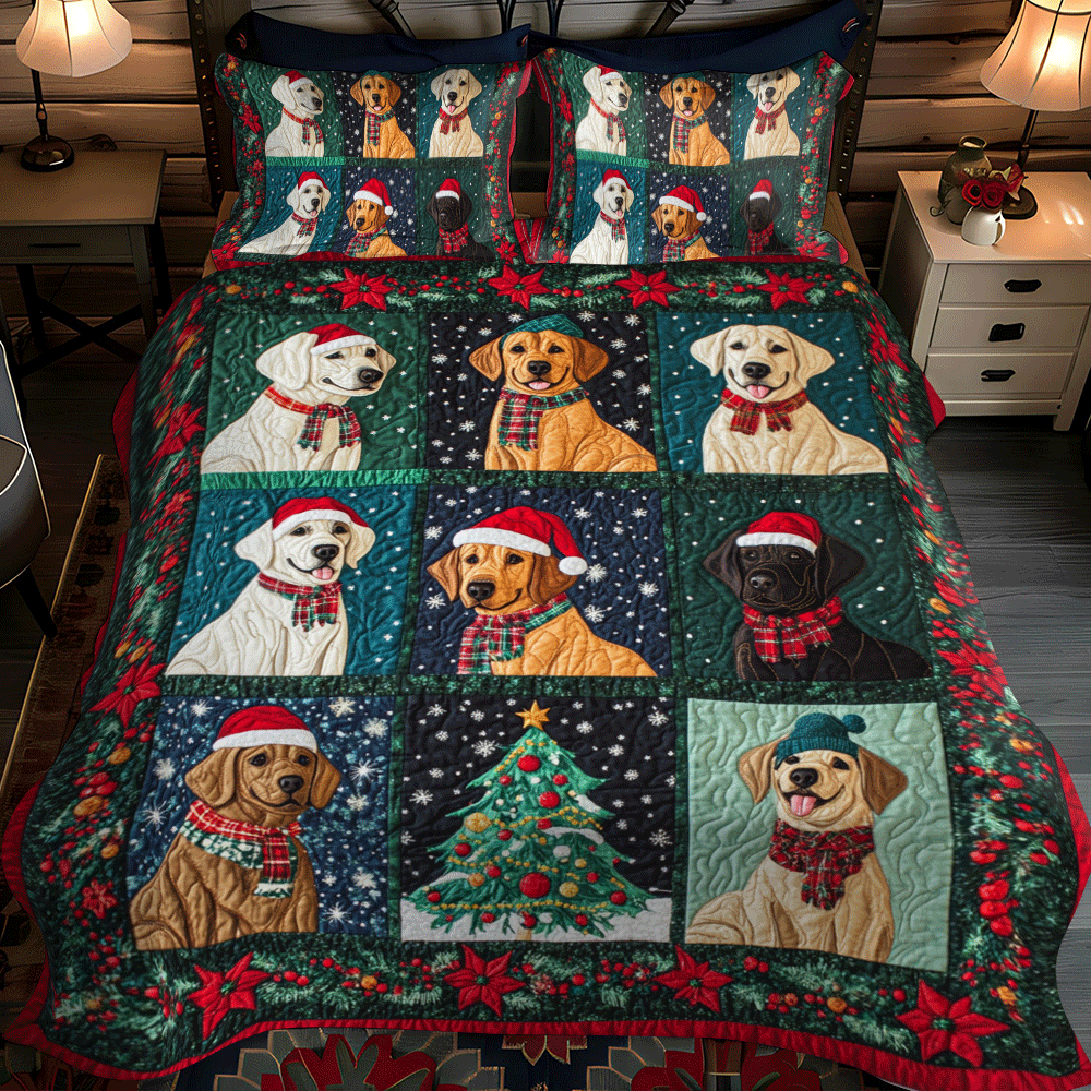 Christmas Themed Labrador 3-Piece Quilted Bedding Set NCU0PD546