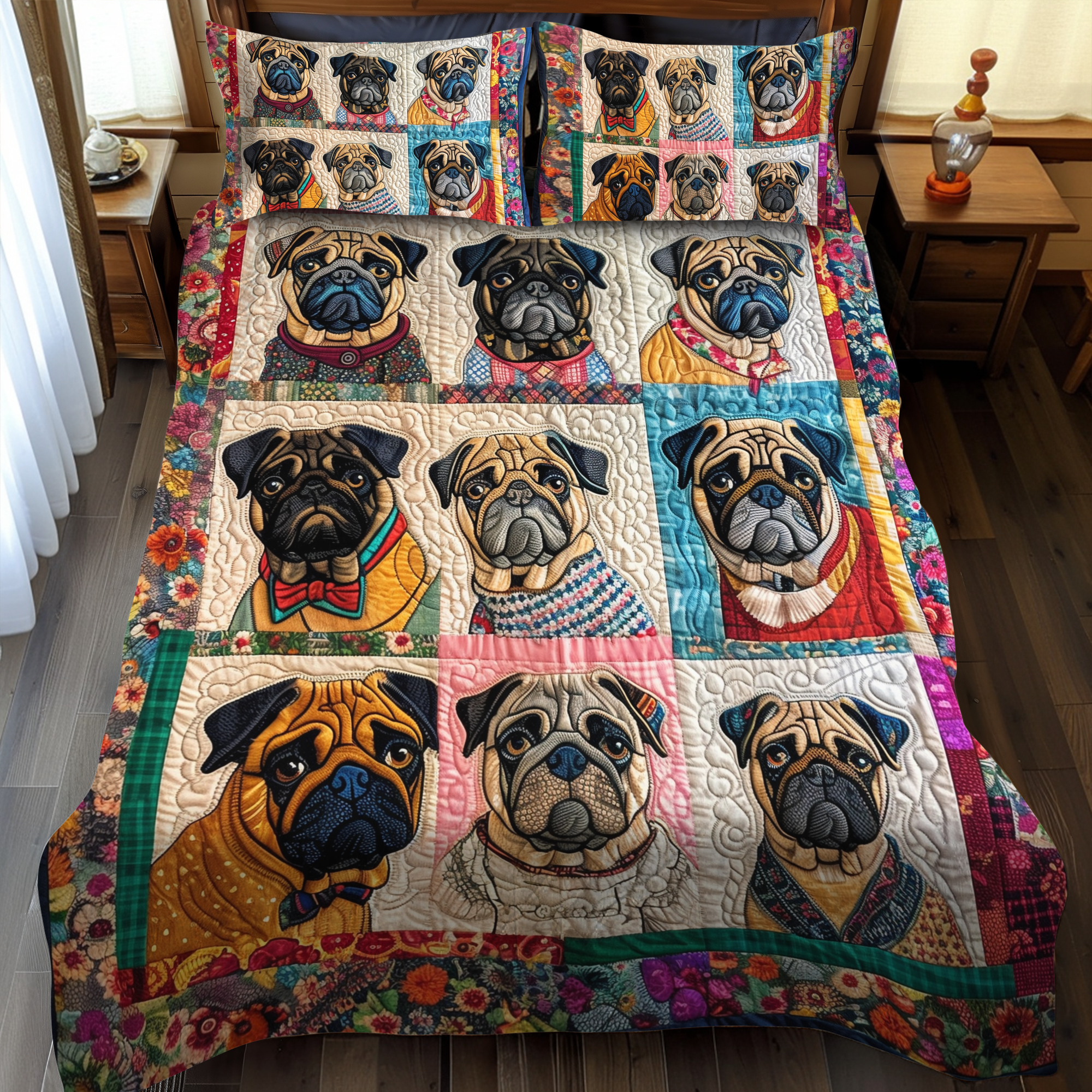 Colorful Pugs 3-Piece Quilted Bedding Set NCU0VL090