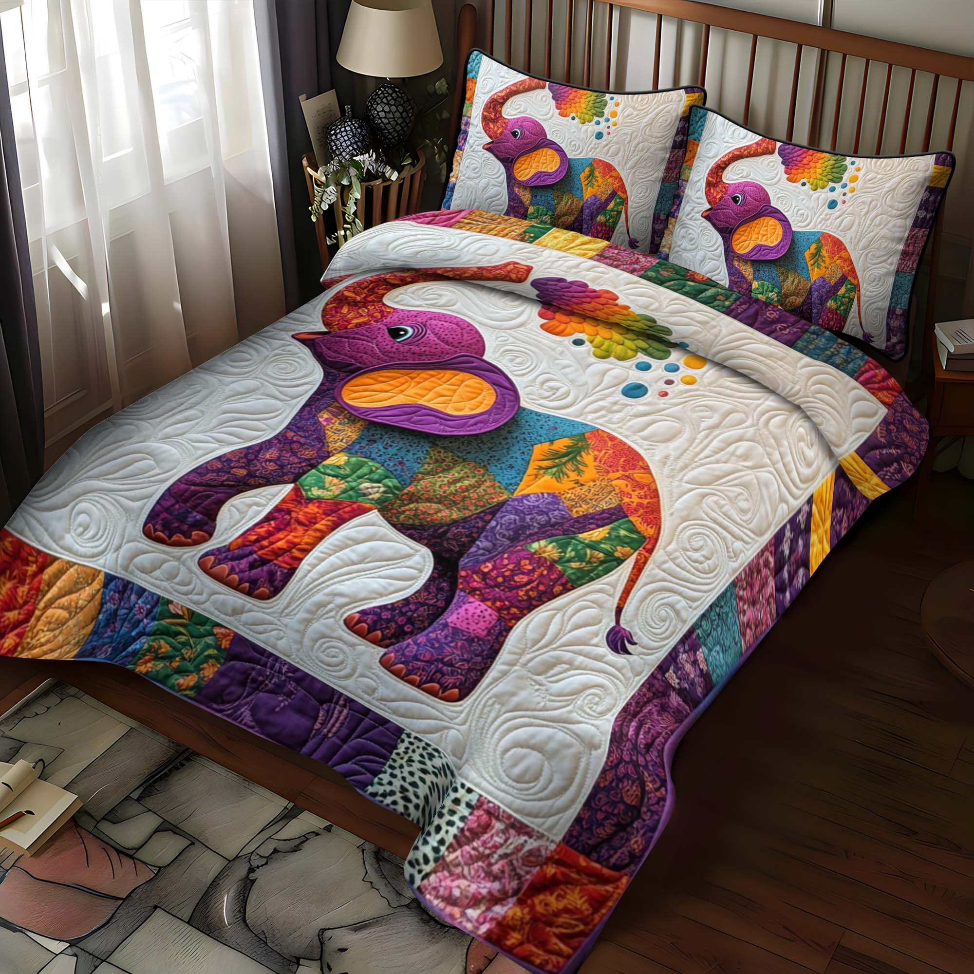 Colorful Elephant 3-Piece Quilted Bedding Set NCU0NT939