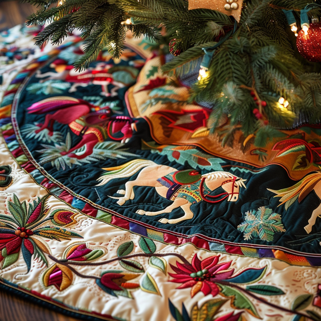 Colorful Horse Christmas Quilted Tree Skirt NCU0DV1473