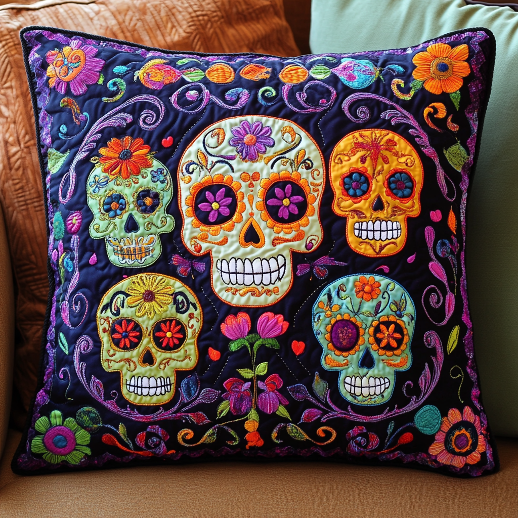 Colorful Sugar Skull Quilted Pillow Case NCU0PD681