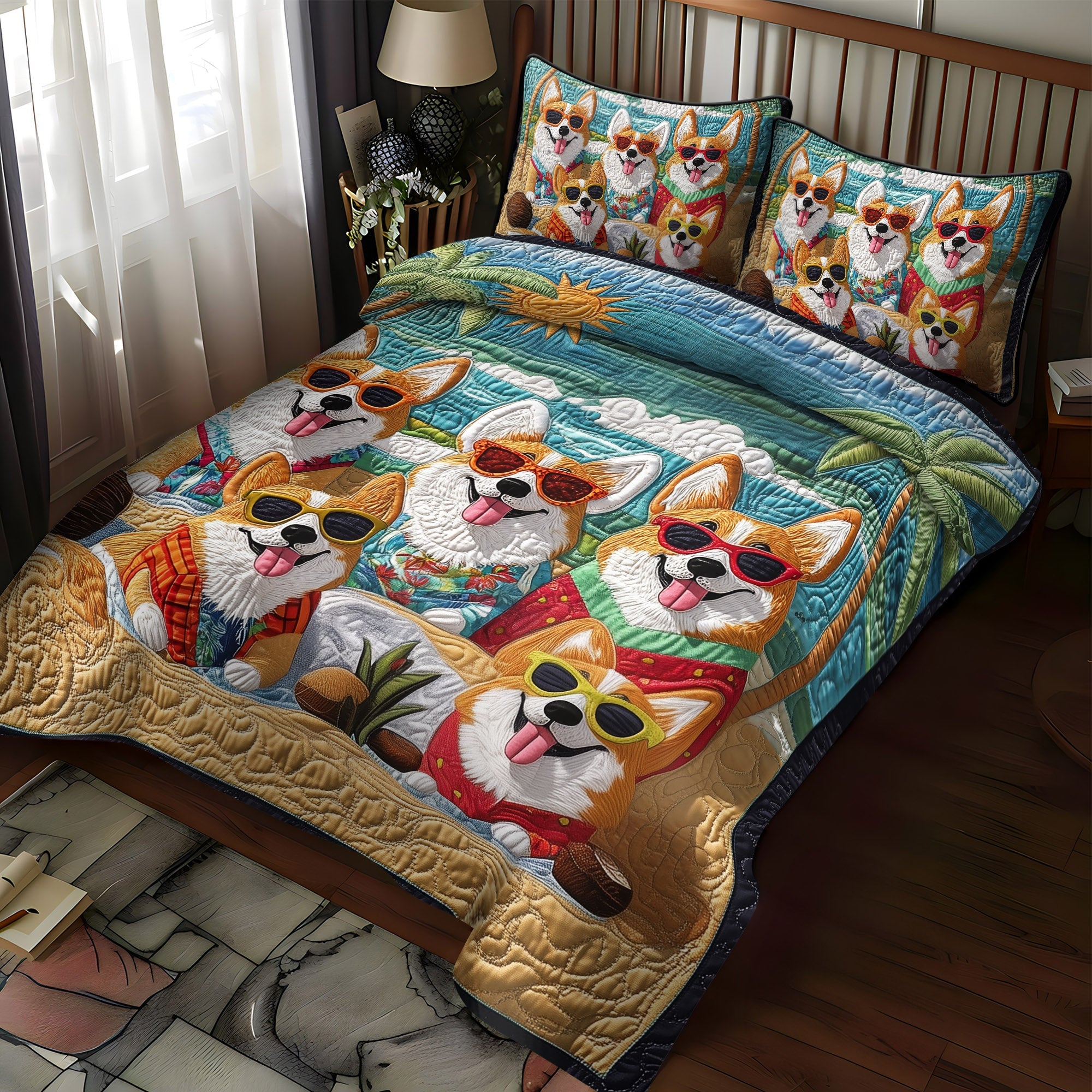 Corgi Bliss 3-Piece Quilted Bedding Set NCU0PT830