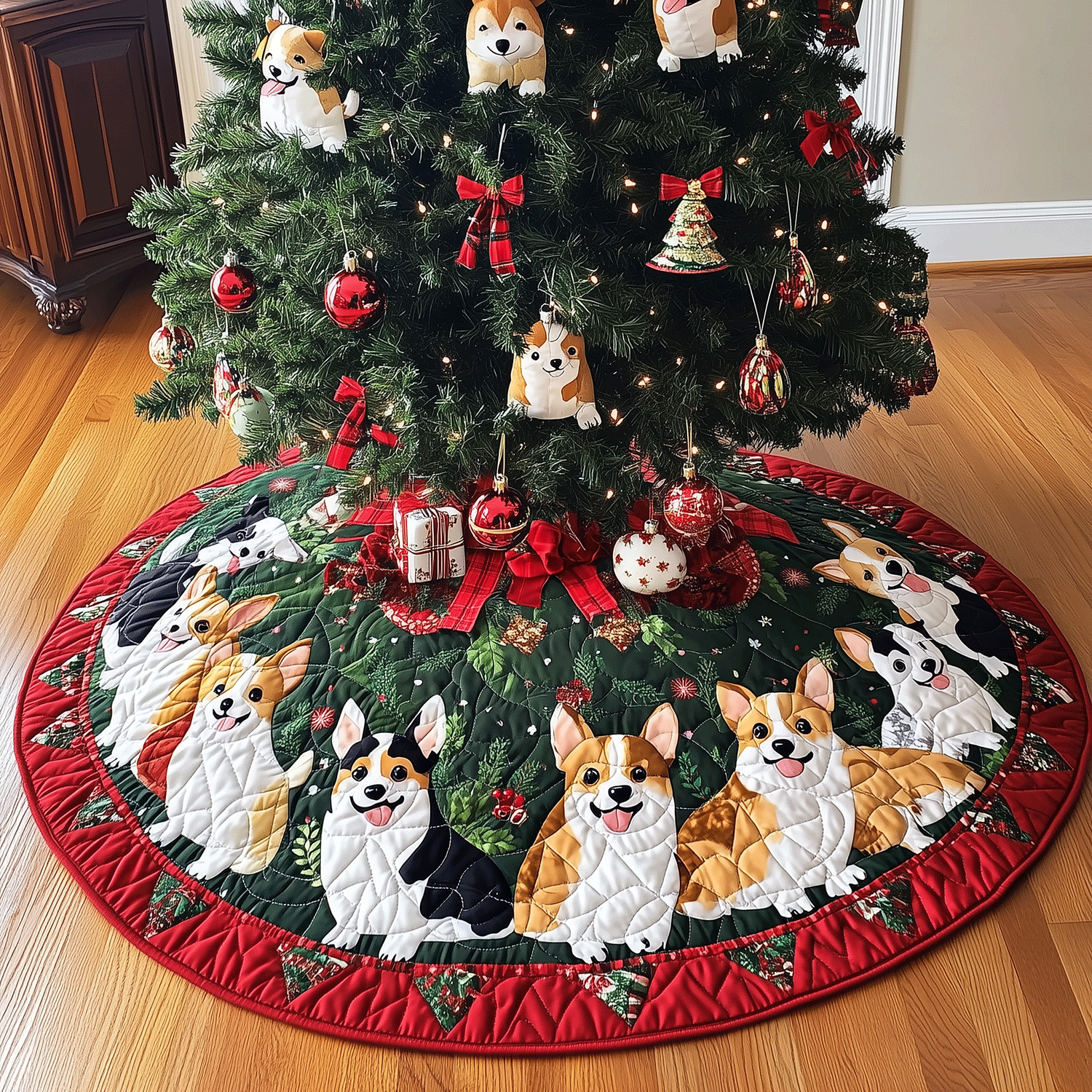 Corgi Holiday Quilted Christmas Tree Skirt NCU0TH1973