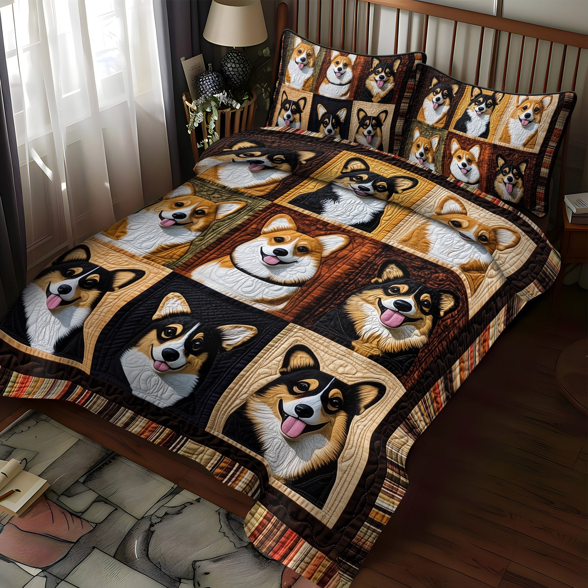 Corgi Paws and Dreams 3-Piece Quilted Bedding Set NCU0PT839