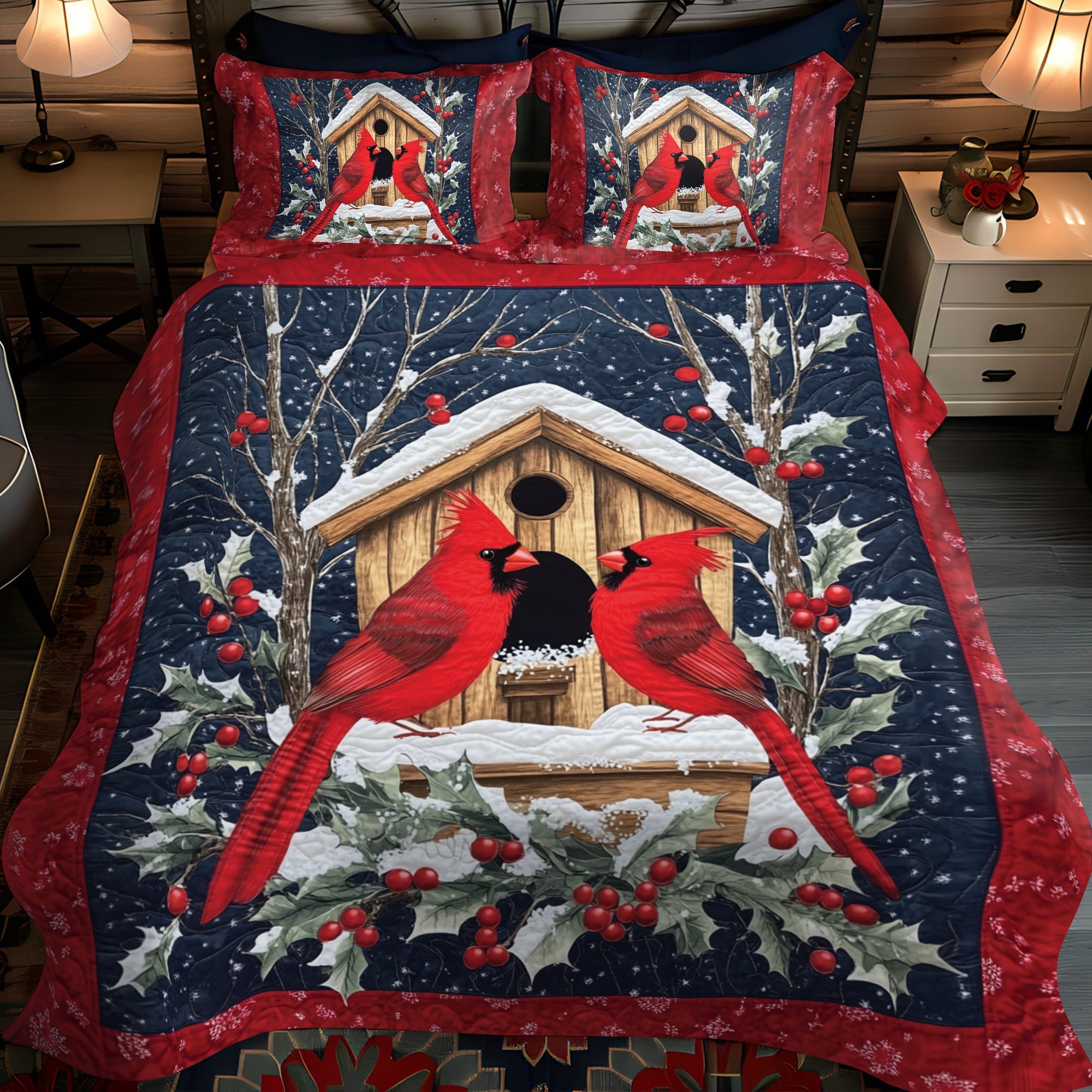 Cozy Cabin Cardinals Quilted Bedding Set NCU0VH037