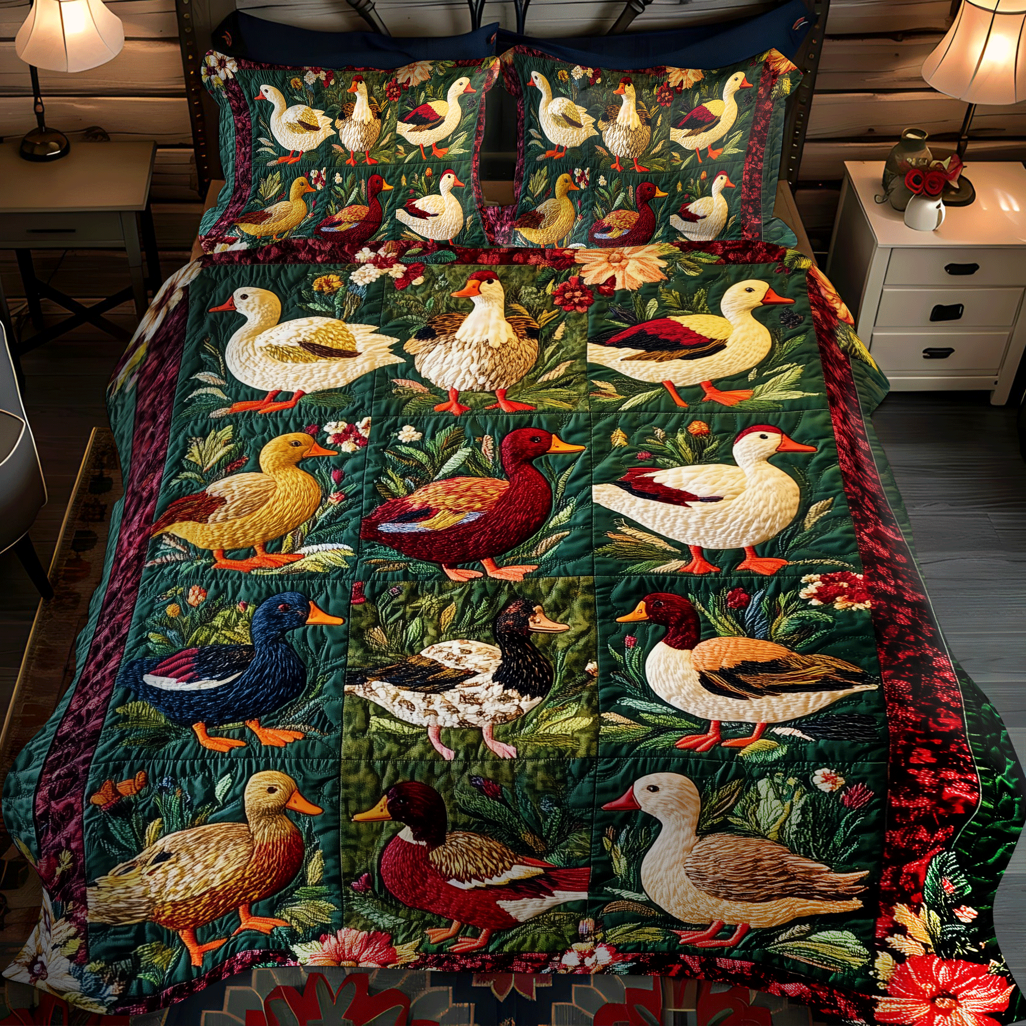 Crimson Duck Garden 3-Piece Quilted Bedding Set NCU0DV398