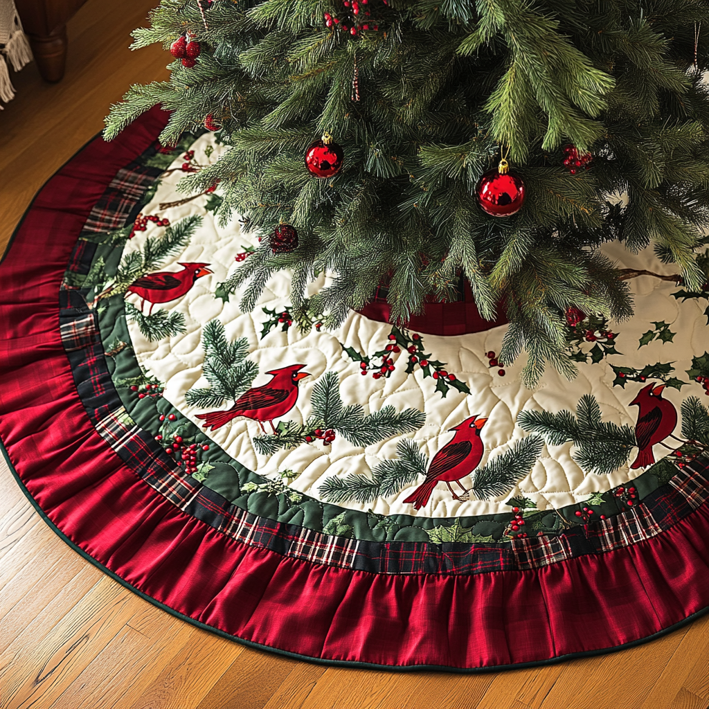 Crimson Wings of Winter Christmas Quilted Tree Skirt NCU0DK1652