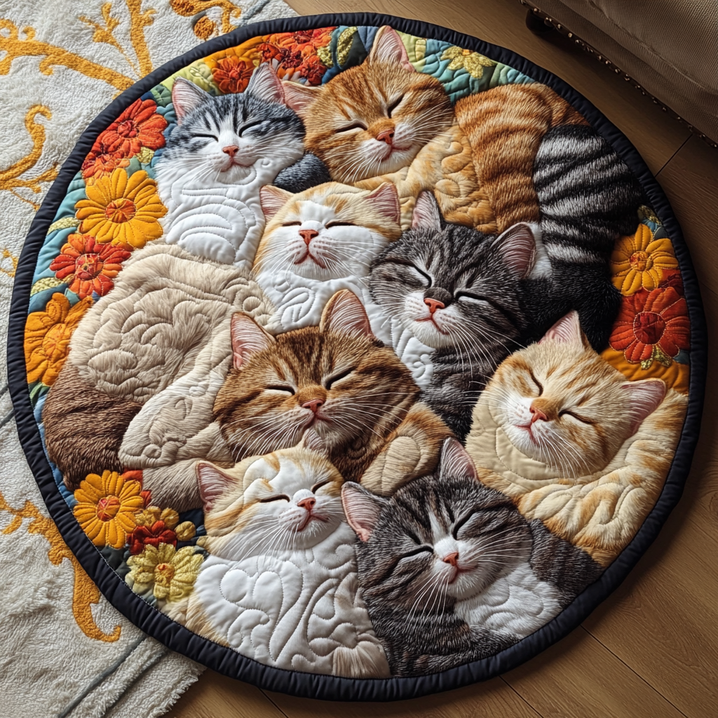 Cuddling Cat Garden Quilted Round Mat NCU0DV1078