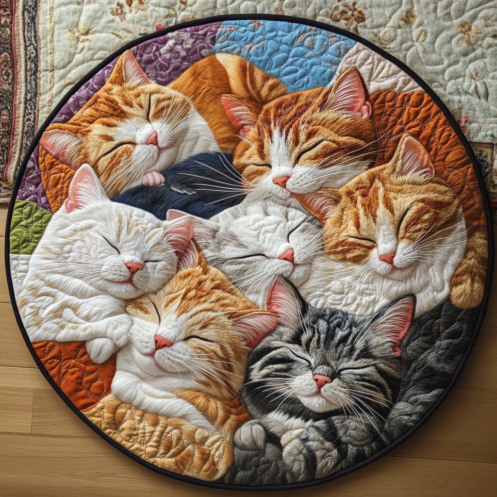 Cuddling Cat Quilted Round Mat NCU0DV1074