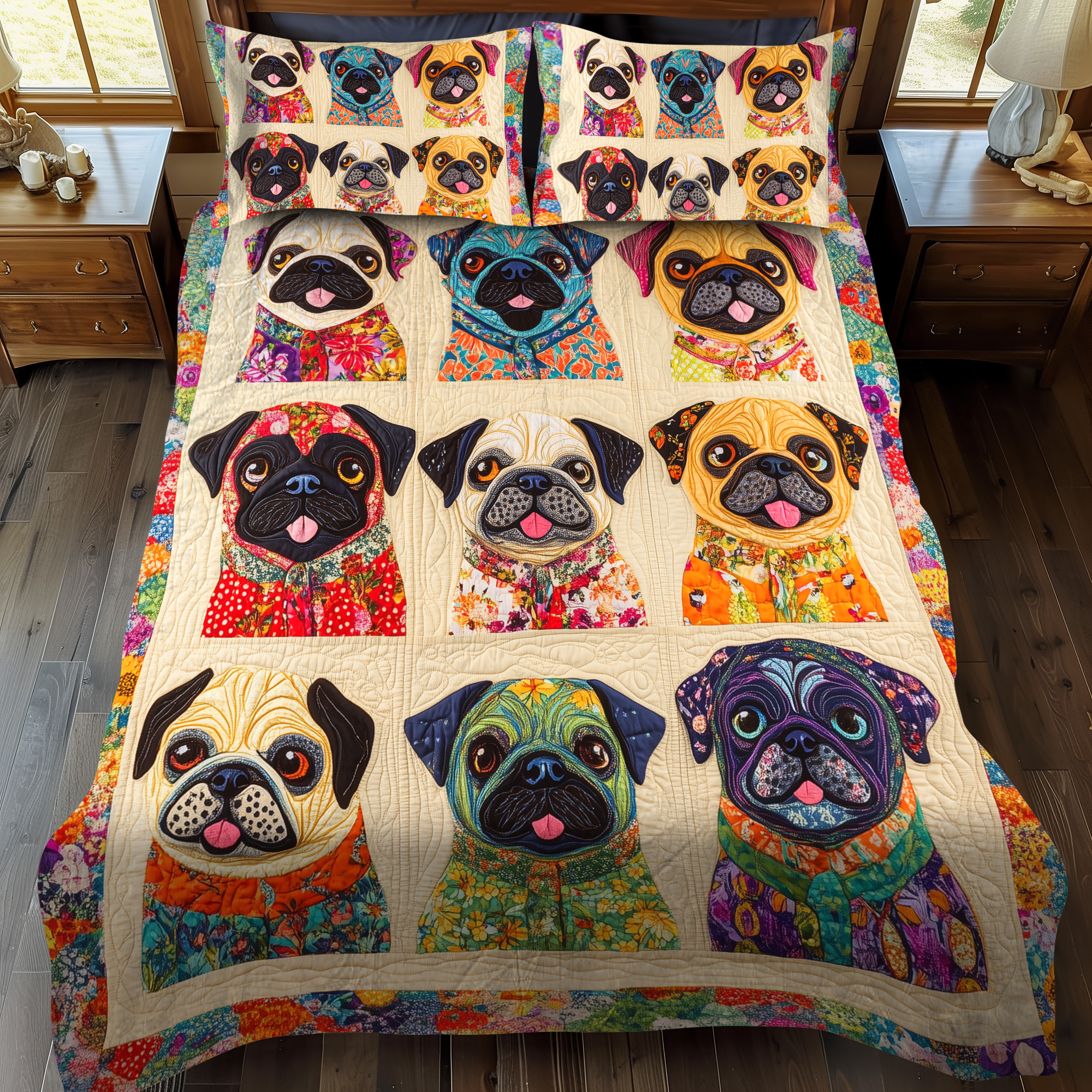 Cute Pugs 3-Piece Quilted Bedding Set NCU0VL366