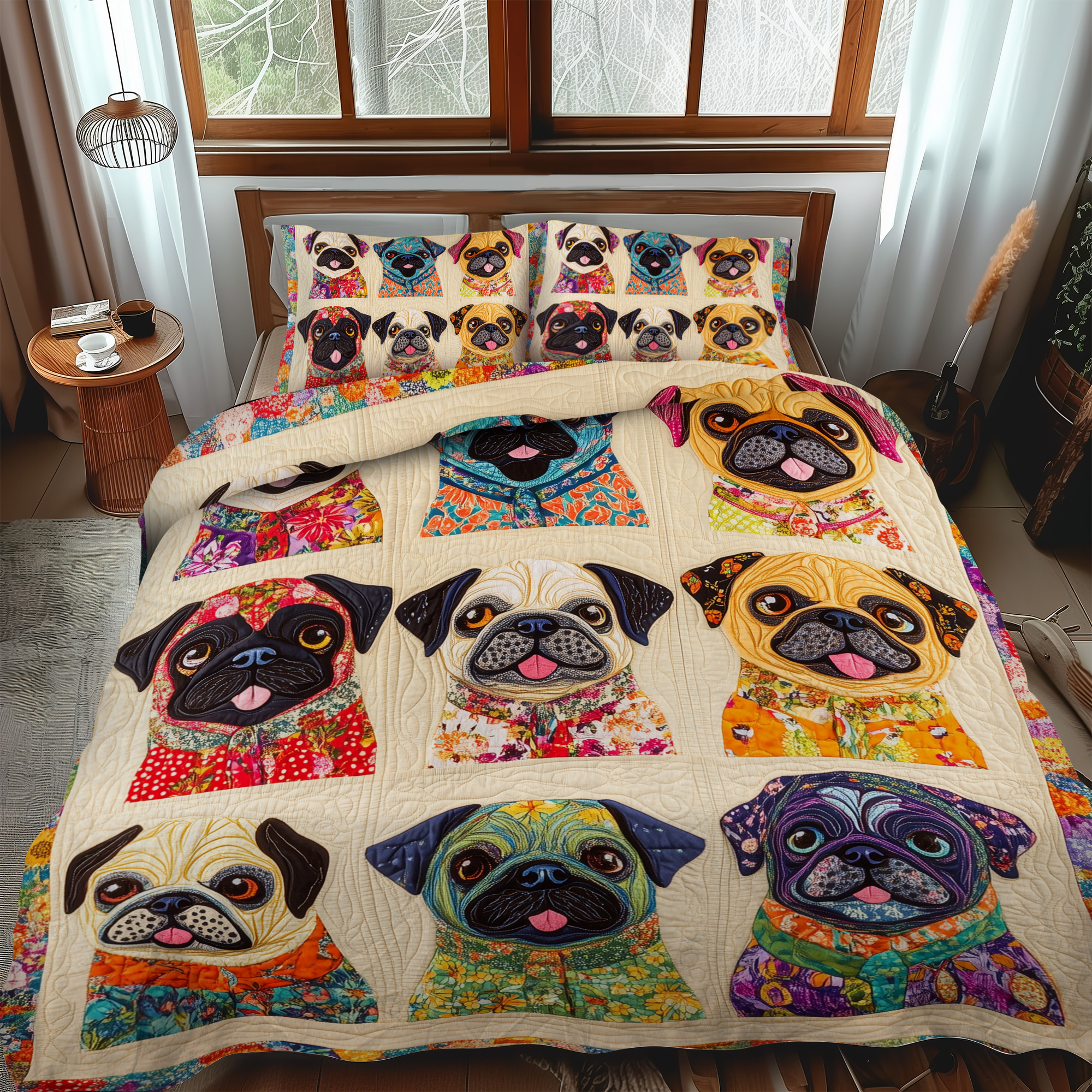 Cute Pugs 3-Piece Quilted Bedding Set NCU0VL366