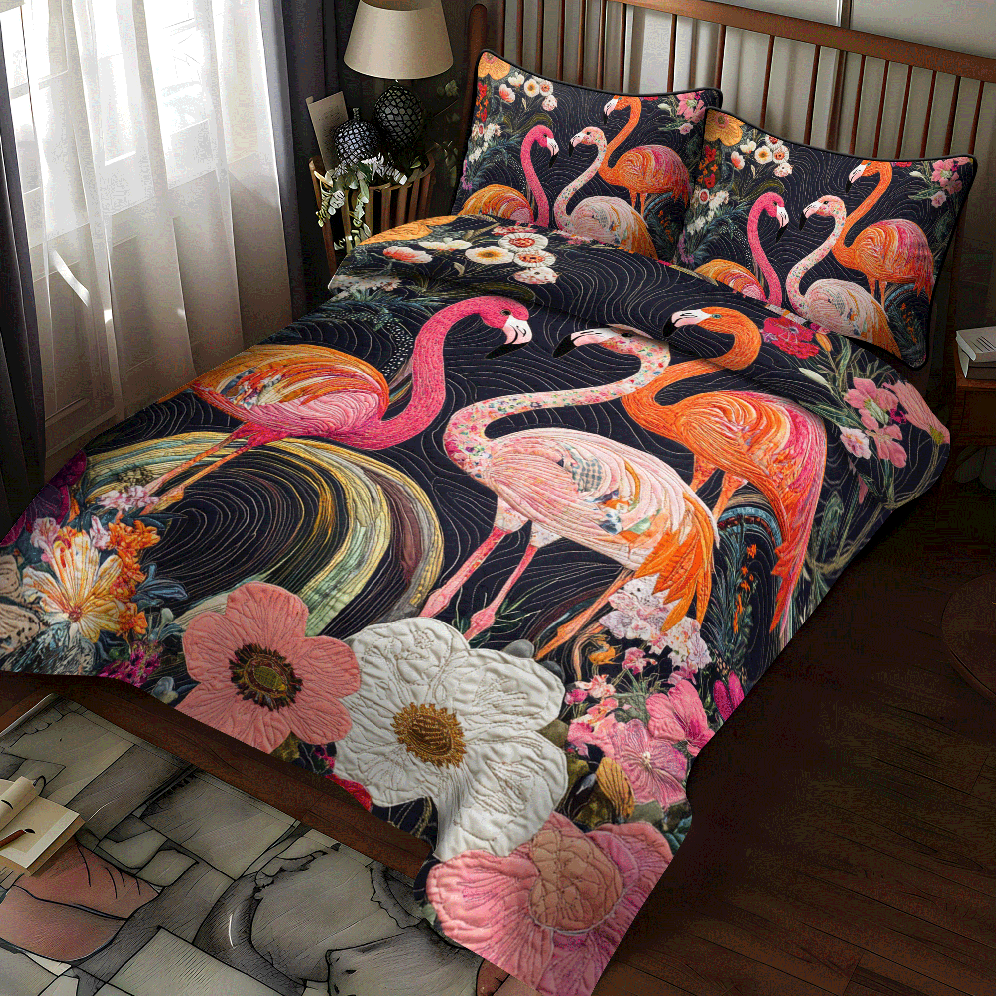 Delightful Cheerful Flamingo 3-Piece Quilted Bedding Set NCU0PD508