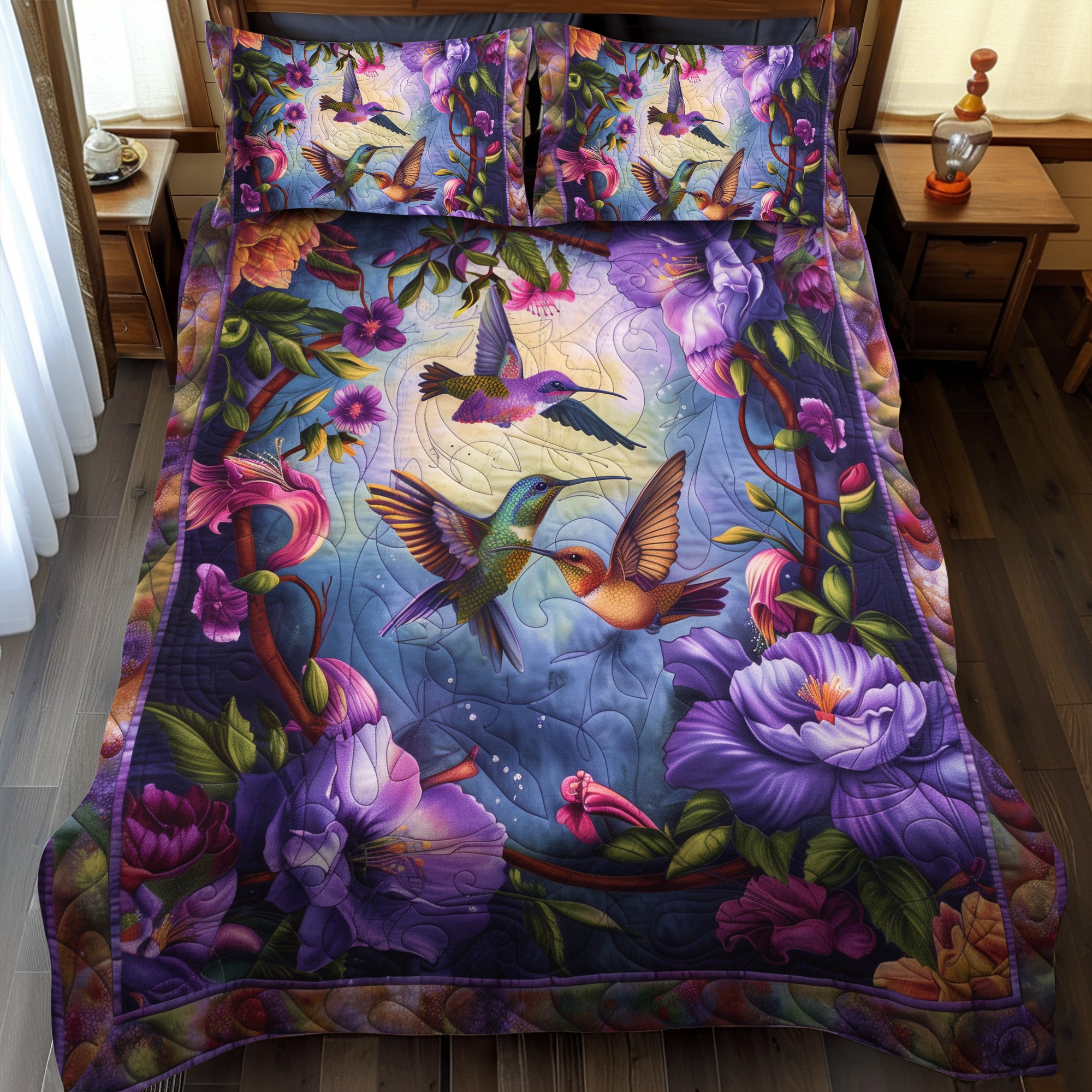 Dreamy Hummingbirds 3-Piece Quilted Bedding Set NCU0TH916