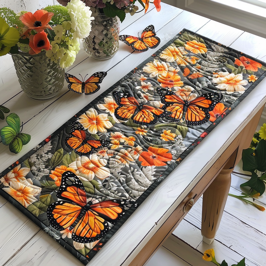 Enchanted Monarch Butterflies Quilted Table Runner NCU0VL108