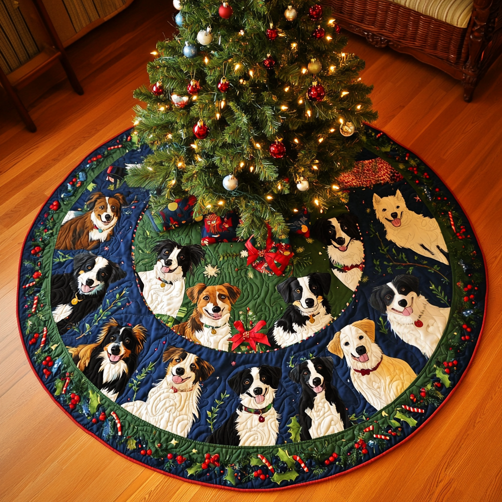 Festive Border Collies Christmas Quilted Tree Skirt NCU0VL724