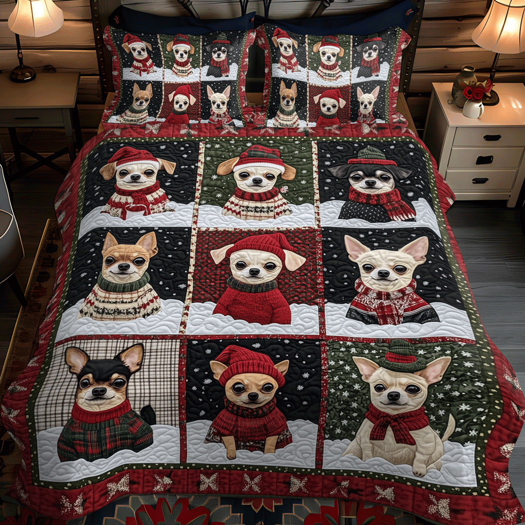 Festive Chihuahuas 3-Piece Quilted Bedding Set NCU0TH2047