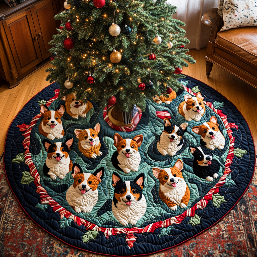 Festive Corgi Cheer Chritstmas Quilted Tree Skirt NCU0DV1332