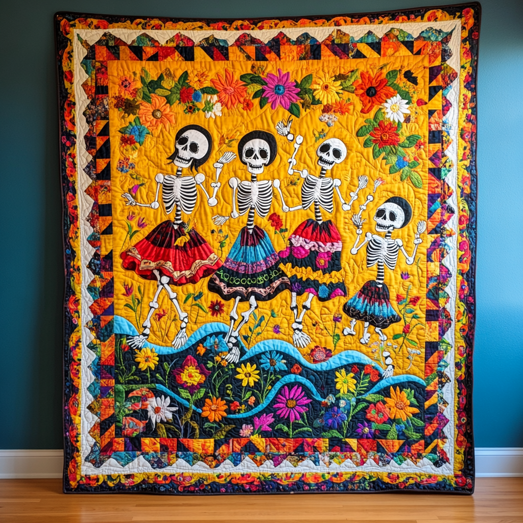 Festive Dia De Los Muertos Quilted Blanket NCU0PD567