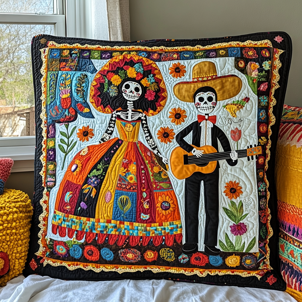 Festive Dia De Los Muertos Quilted Pillow Case NCU0PD671