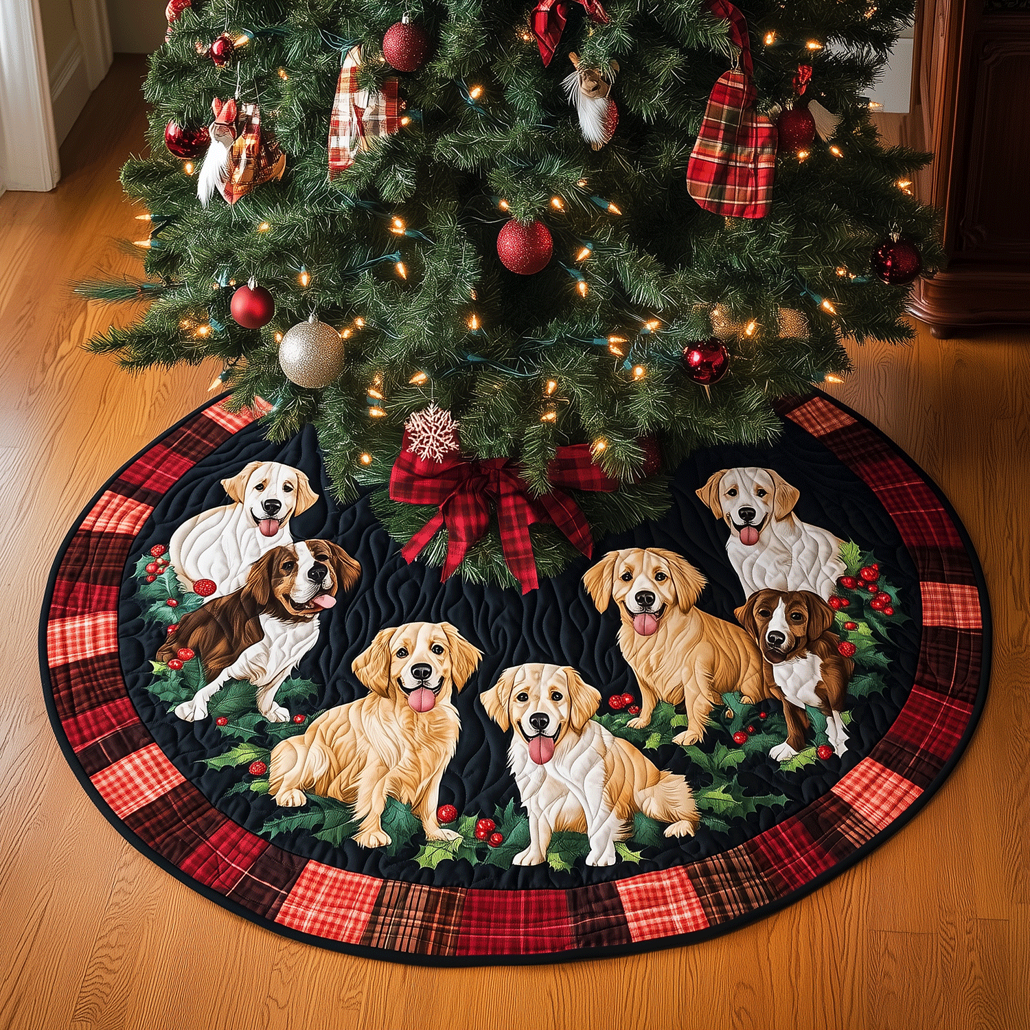 Festive Golden Retriever Quilted Christmas Tree Skirt NCU0TH2005