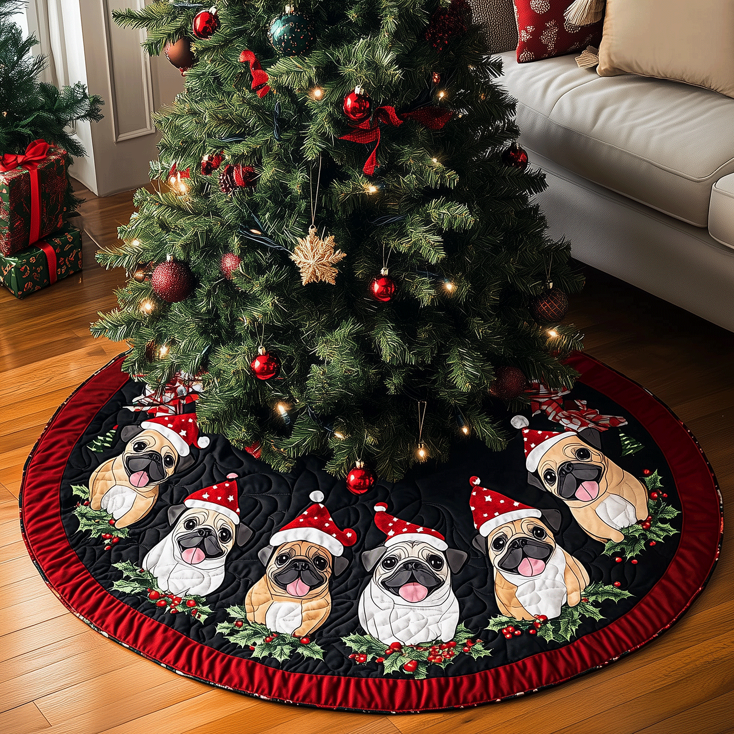 Festive Pug Party Quilted Christmas Tree Skirt NCU0TH2072