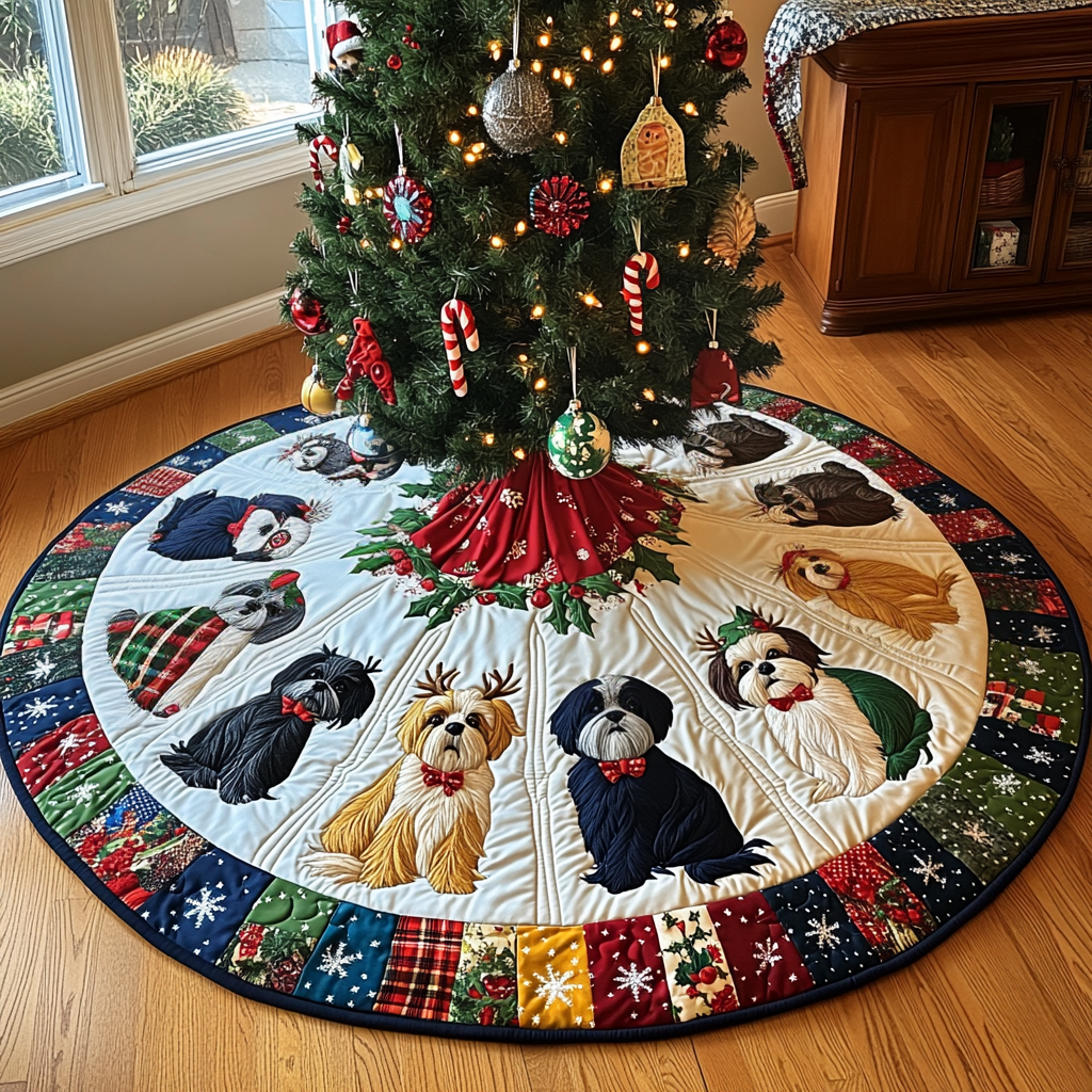 Festive Shih Tzu Joy Christmas Quilted Tree Skirt NCU0DV1576