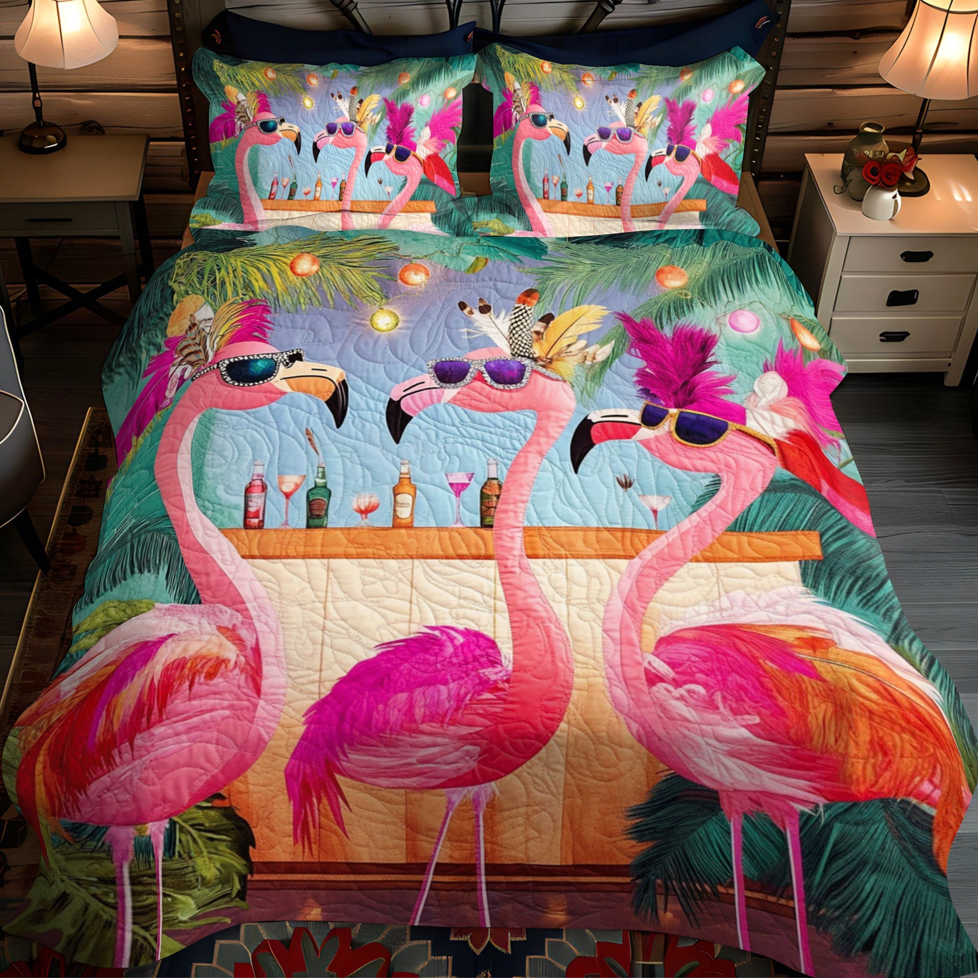 Flamingo Delight 3-Piece Quilted Bedding Set NCU0TL878