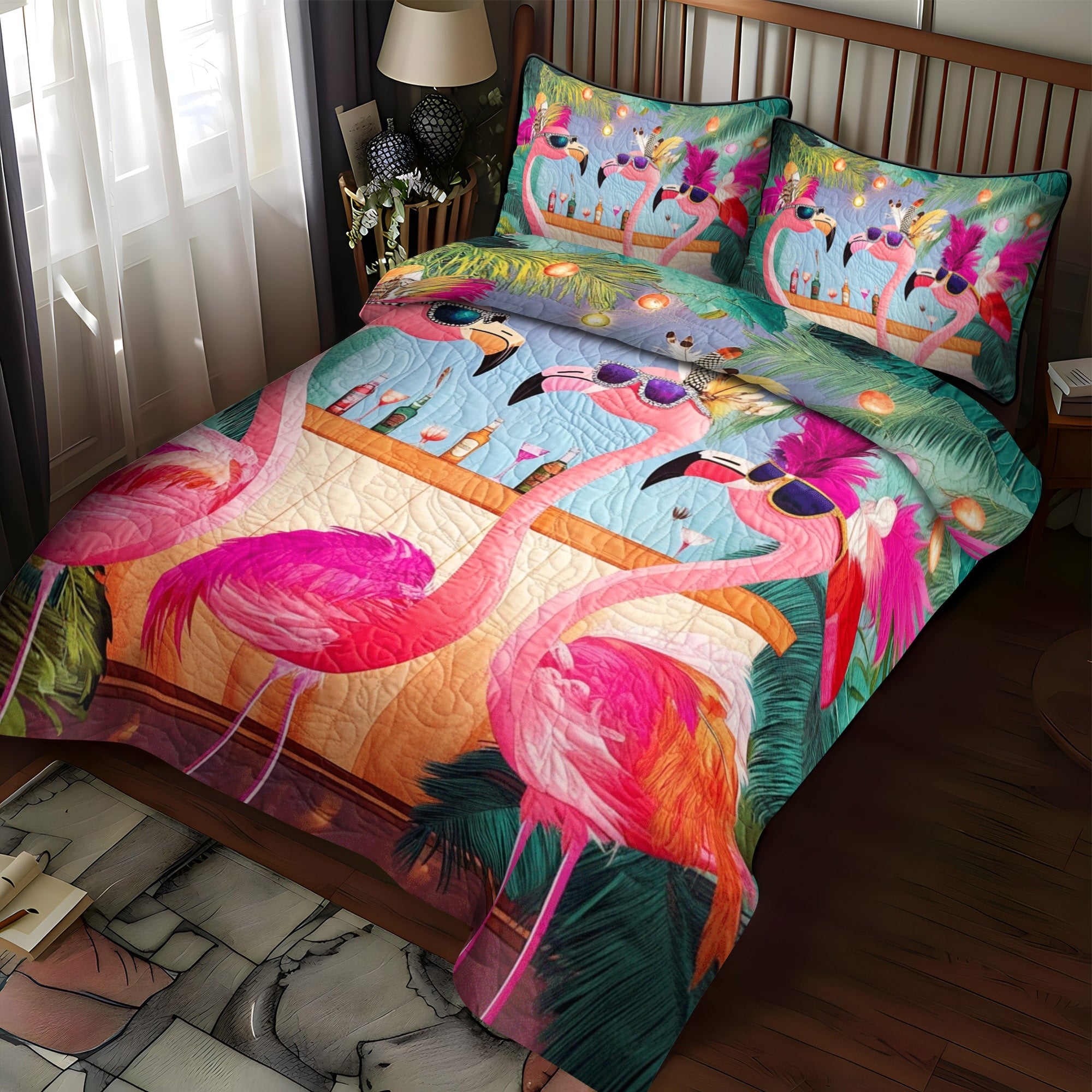 Flamingo Delight 3-Piece Quilted Bedding Set NCU0TL878