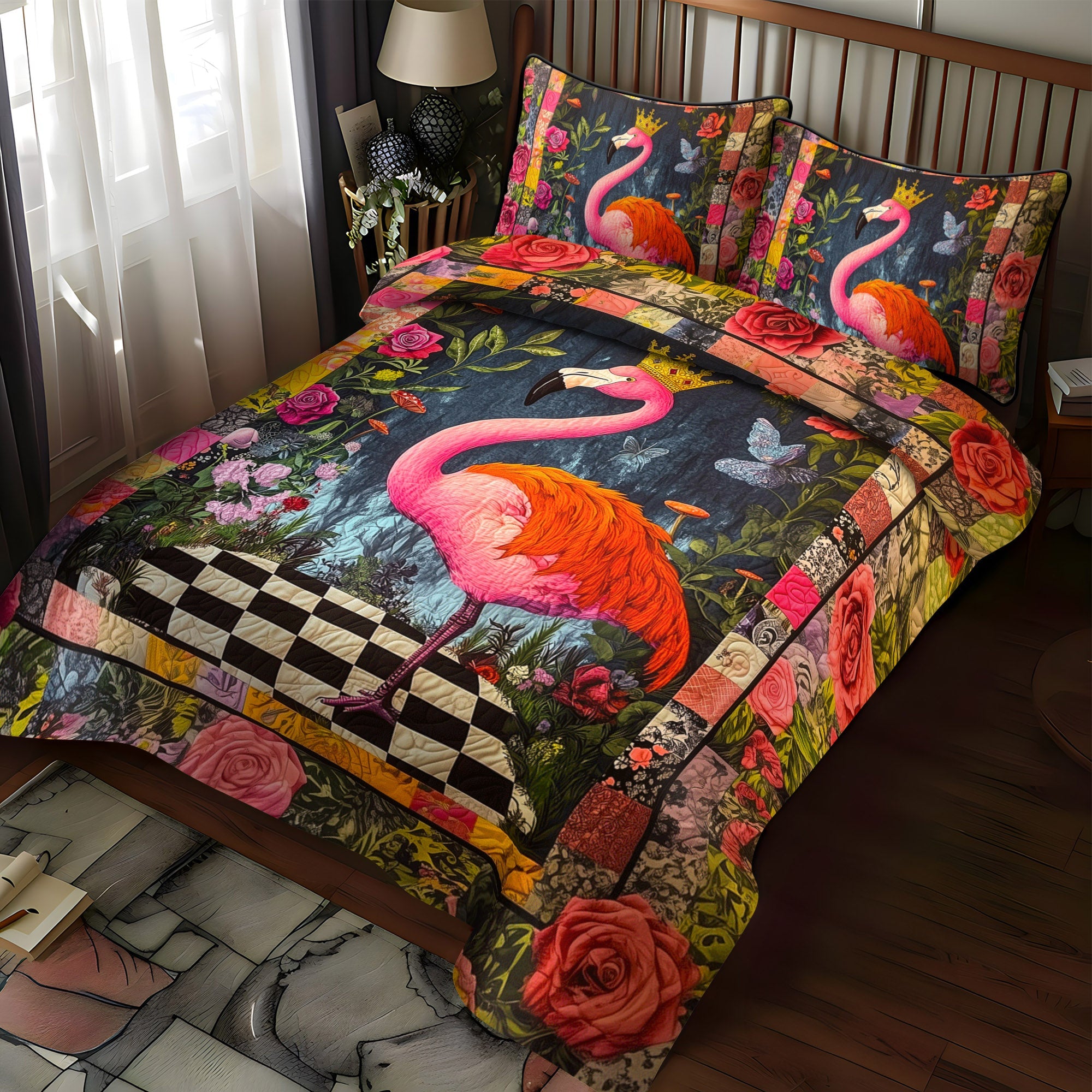 Flamingo Delight 3-Piece Quilted Bedding Set NCU0TL893