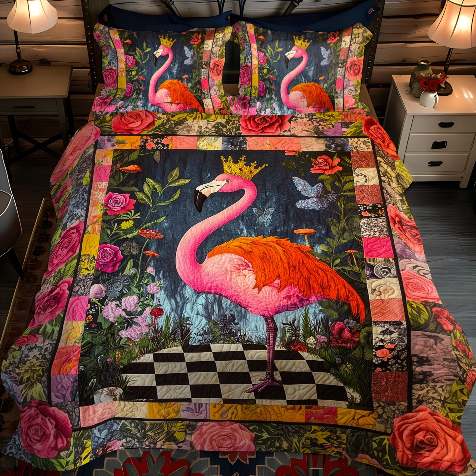 Flamingo Delight 3-Piece Quilted Bedding Set NCU0TL893