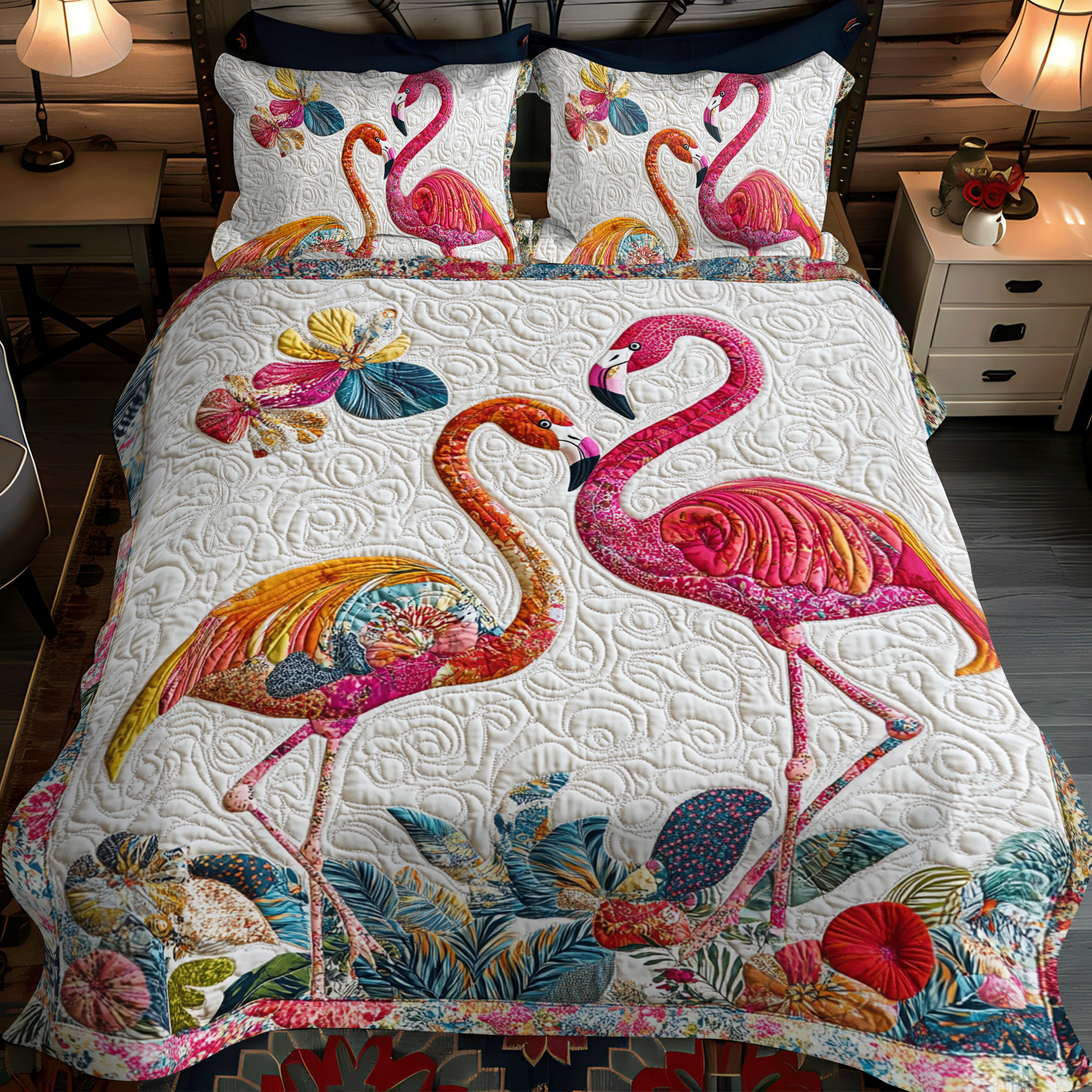 Flamingo Fantasy 3-Piece Quilted Bedding Set NCU0PD505