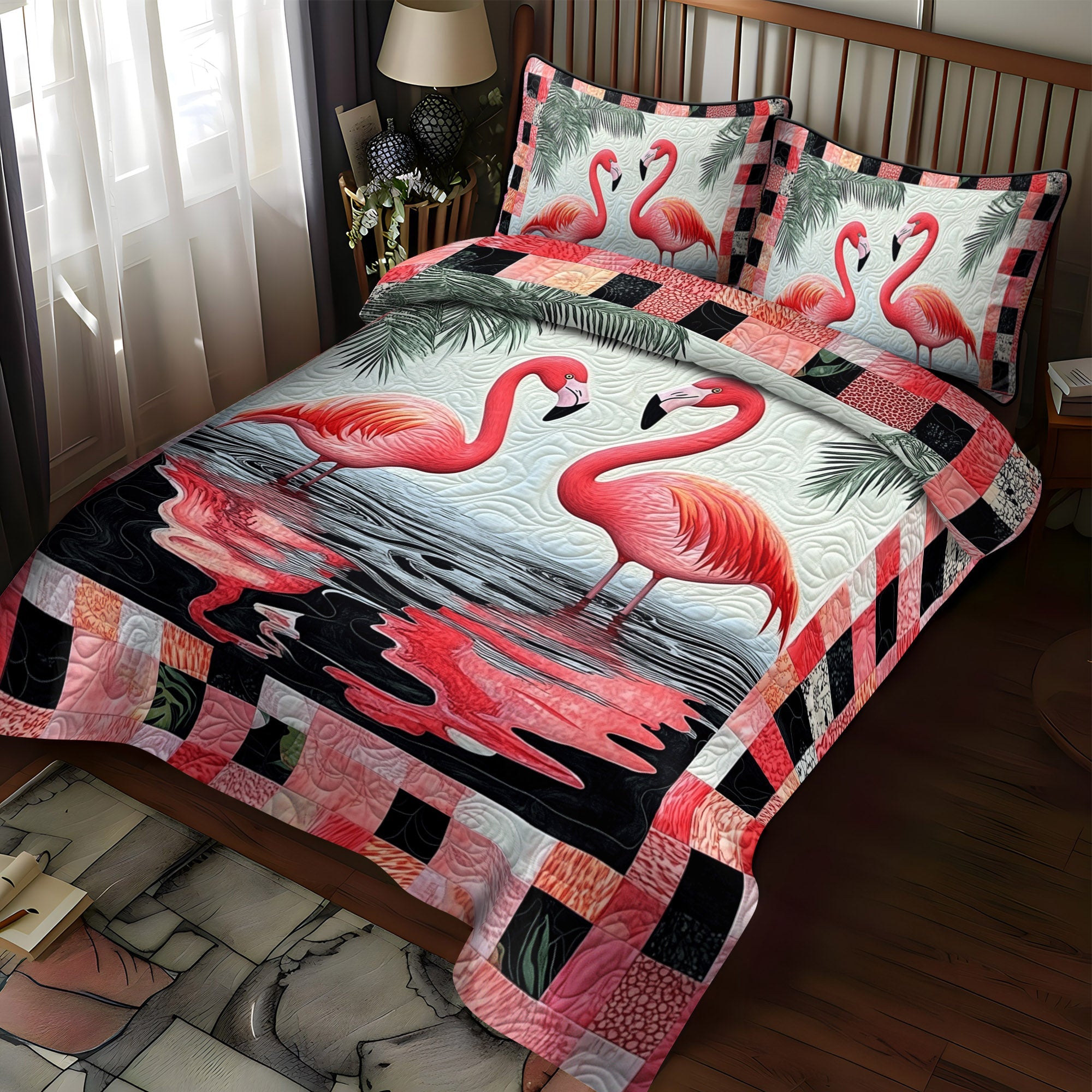 Flamingo Gala 3-Piece Quilted Bedding Set NCU0TL902