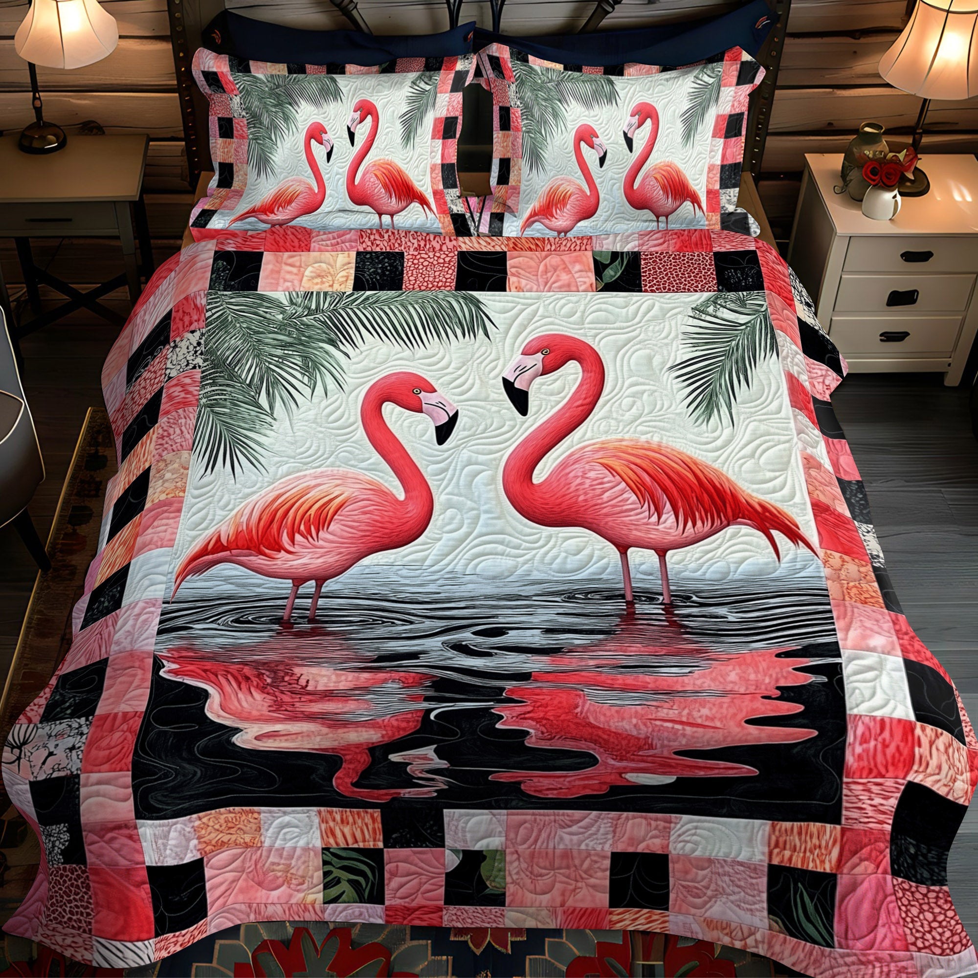 Flamingo Gala 3-Piece Quilted Bedding Set NCU0TL902