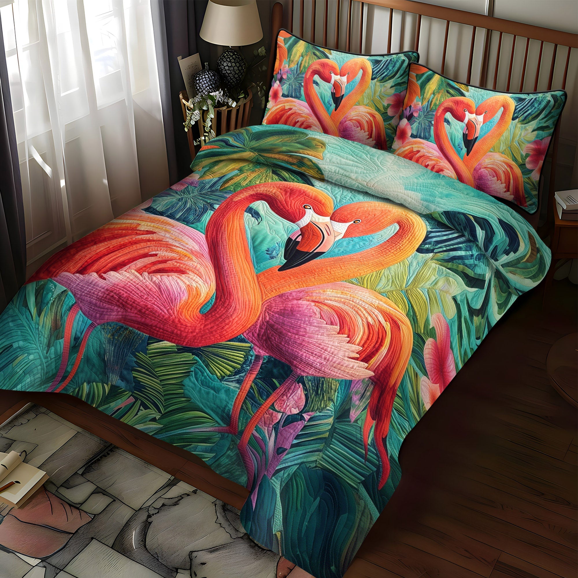 Flamingo Glow 3-Piece Quilted Bedding Set NCU0TL887