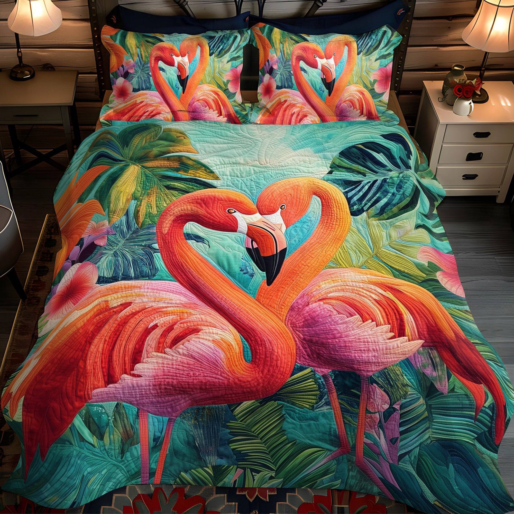 Flamingo Glow 3-Piece Quilted Bedding Set NCU0TL887