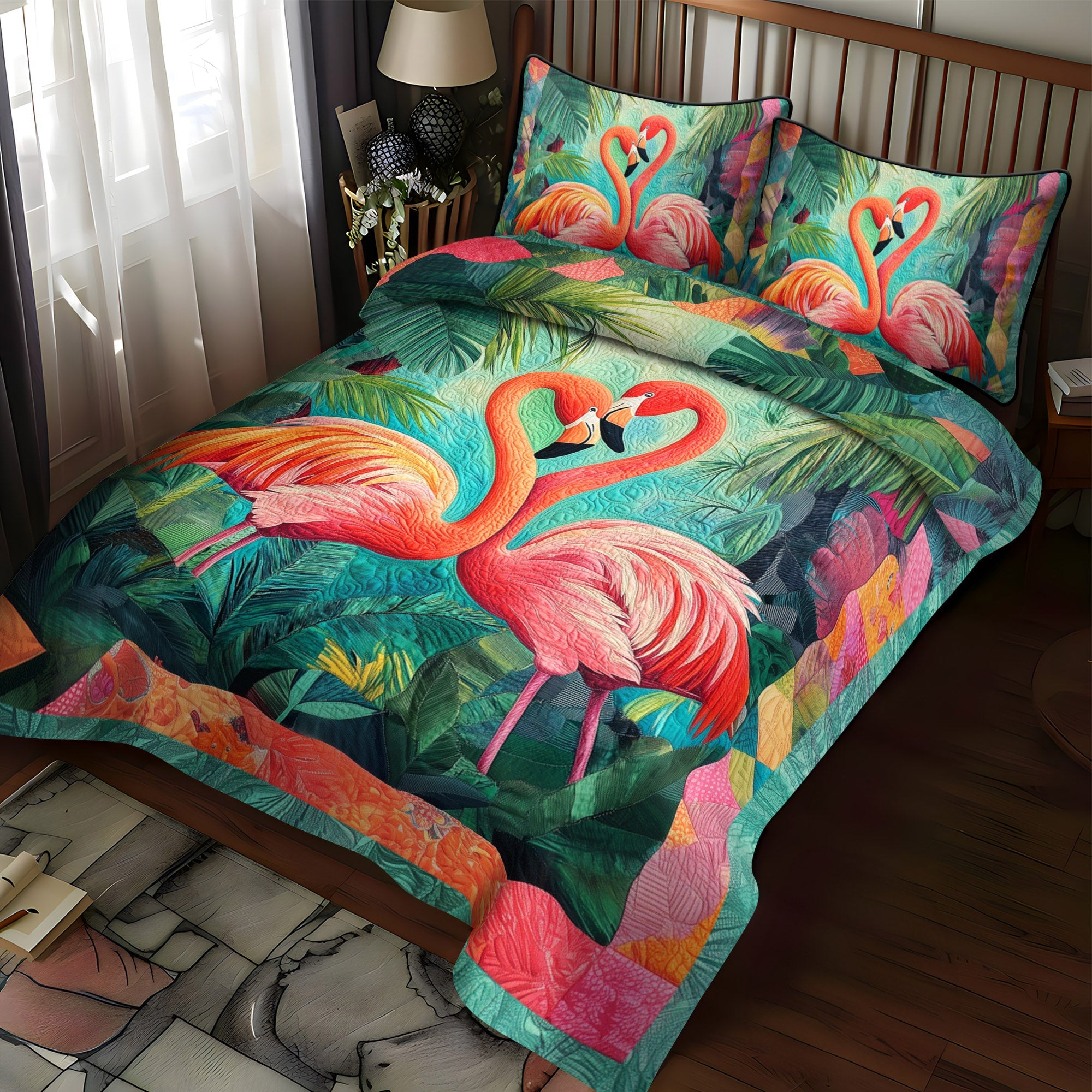 Flamingo Love 3-Piece Quilted Bedding Set NCU0TL886