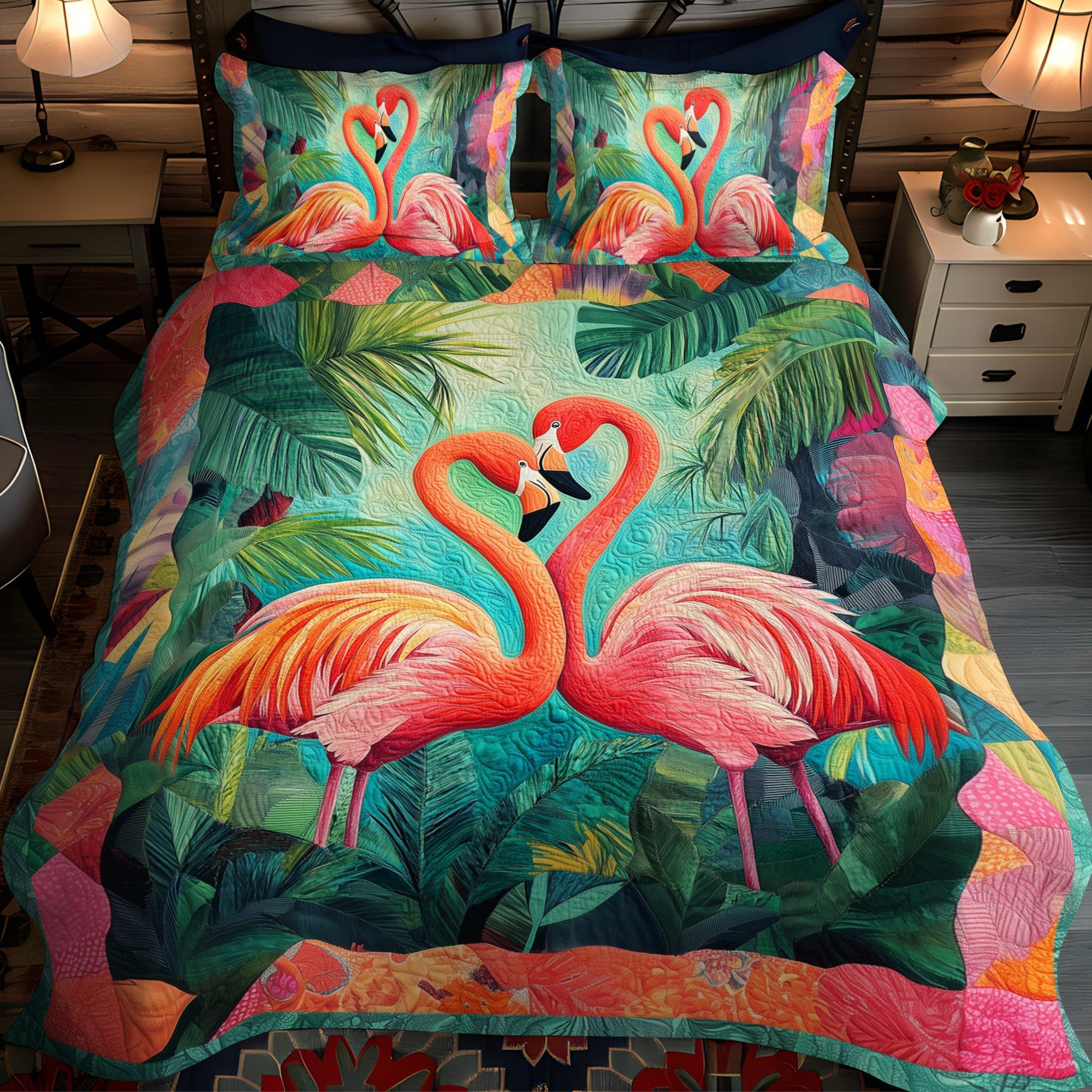 Flamingo Love 3-Piece Quilted Bedding Set NCU0TL886