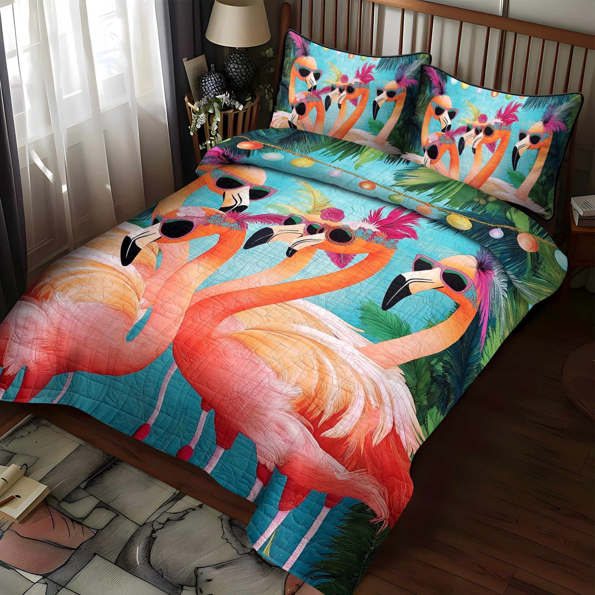 Flamingo Magic 3-Piece Quilted Bedding Set NCU0TL879