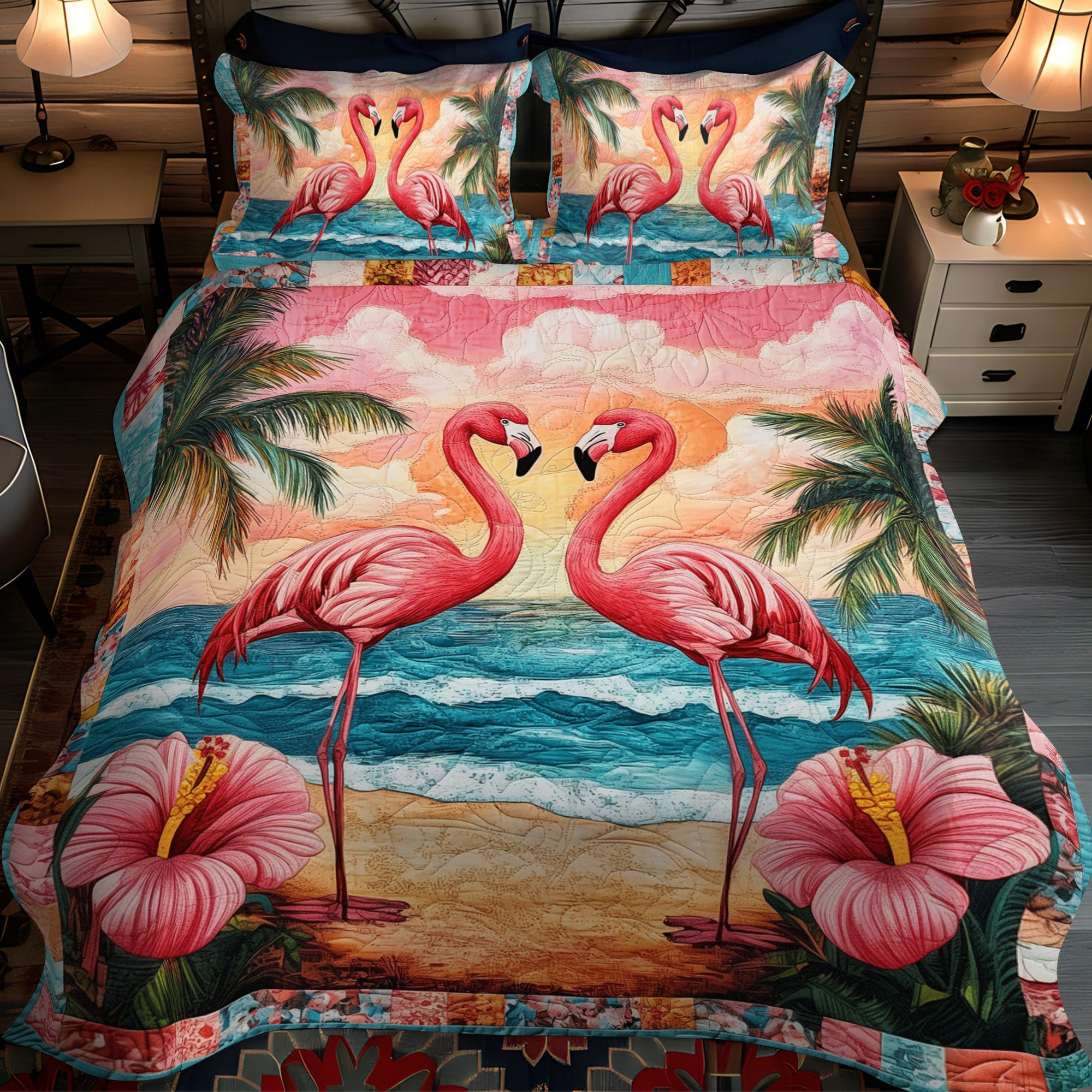 Flamingo Oasis 3-Piece Quilted Bedding Set NCU0TL888