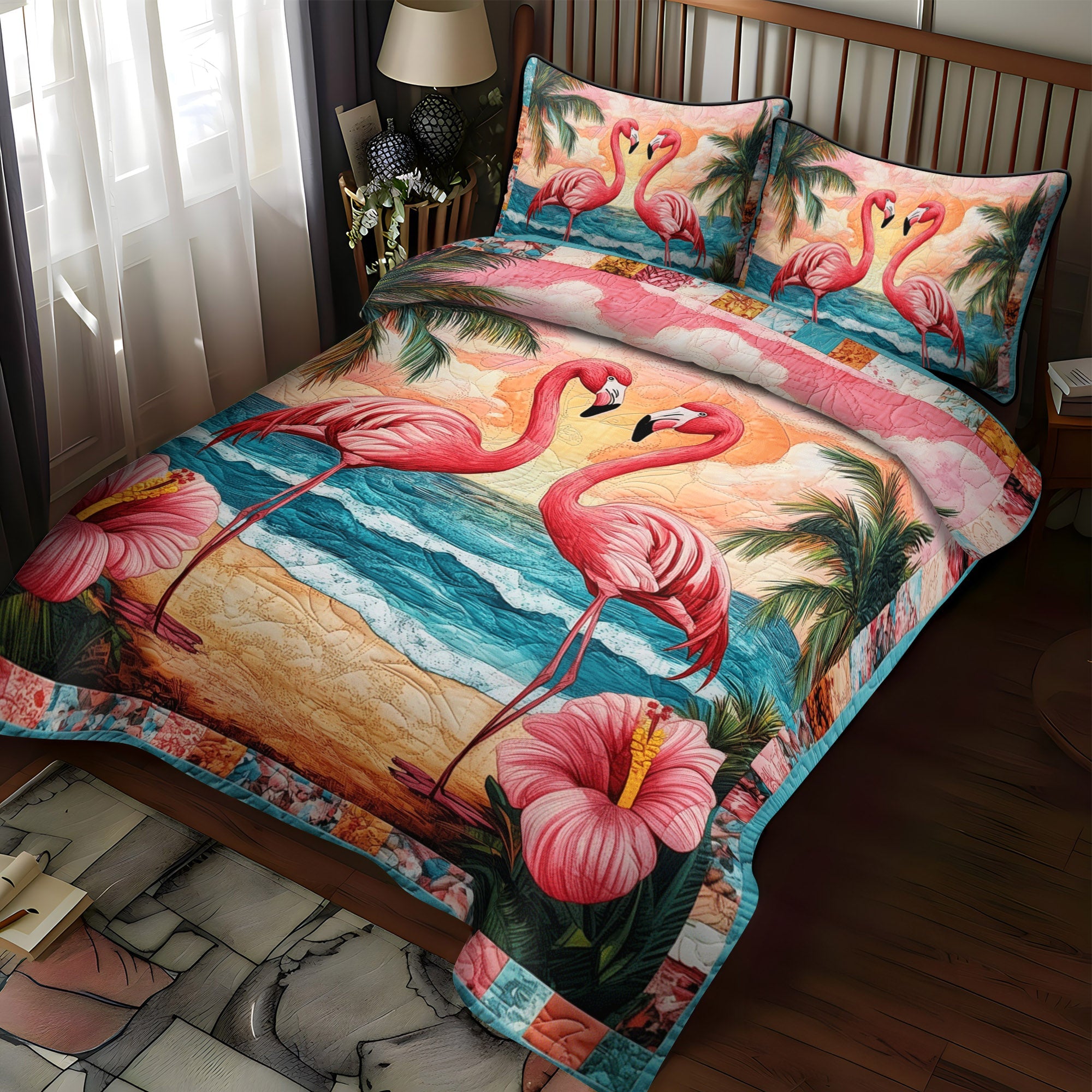 Flamingo Oasis 3-Piece Quilted Bedding Set NCU0TL888