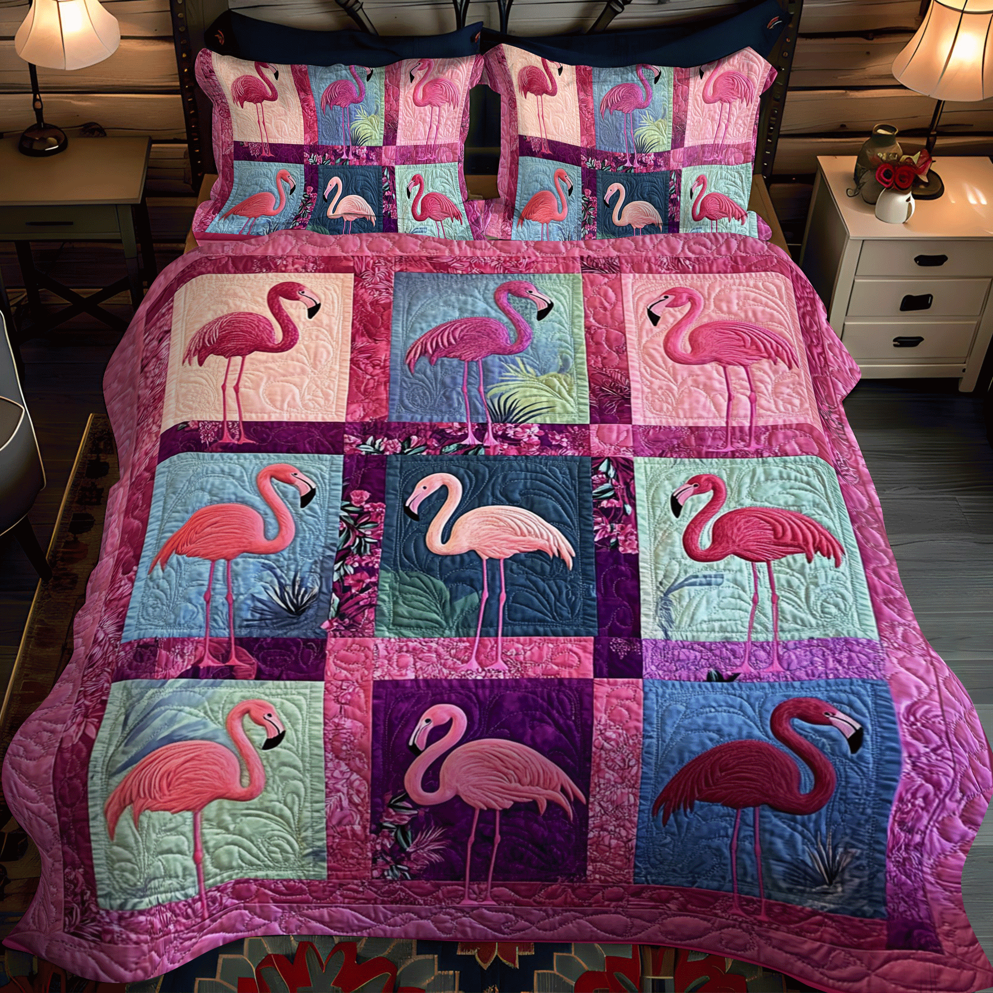 Flamingo Paradise 3-Piece Quilted Bedding Set NCU0PD499