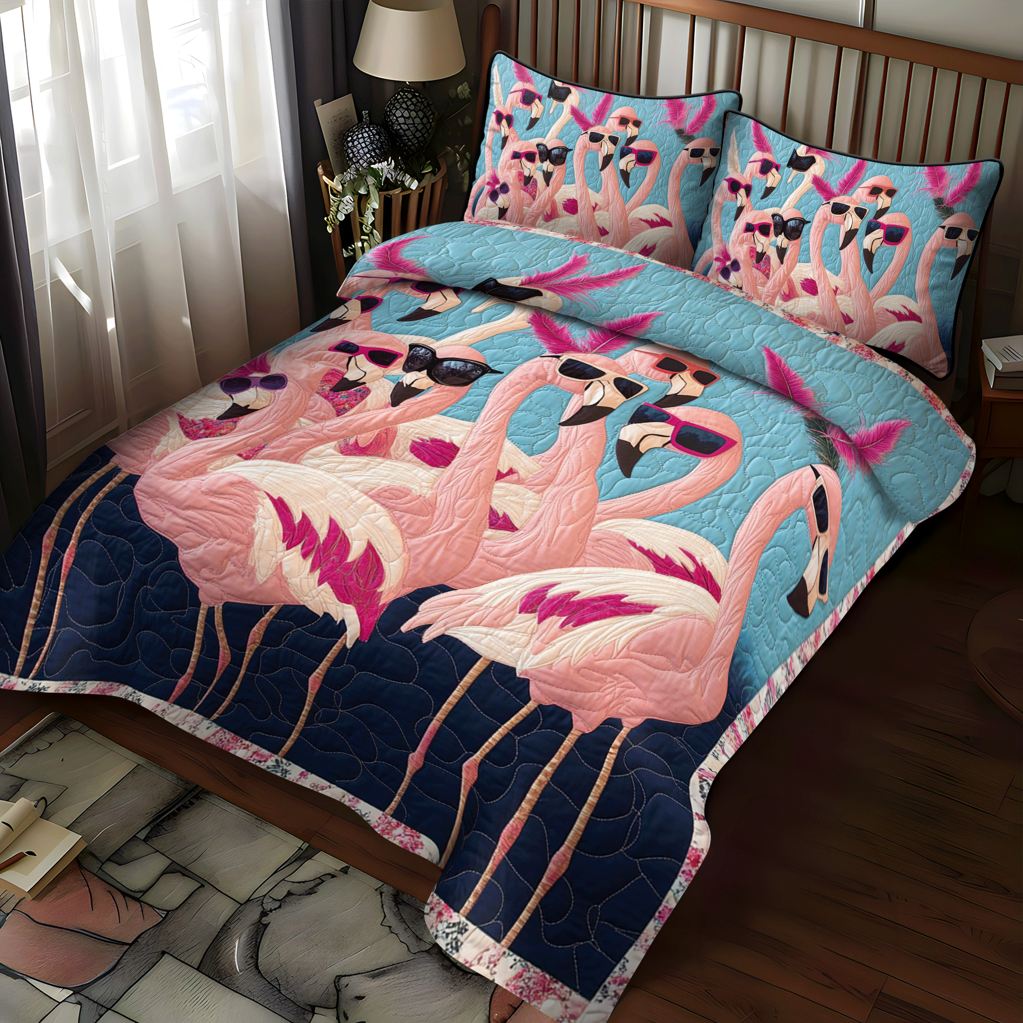 Flamingo Pattern 3-Piece Quilted Bedding Set NCU0PD509