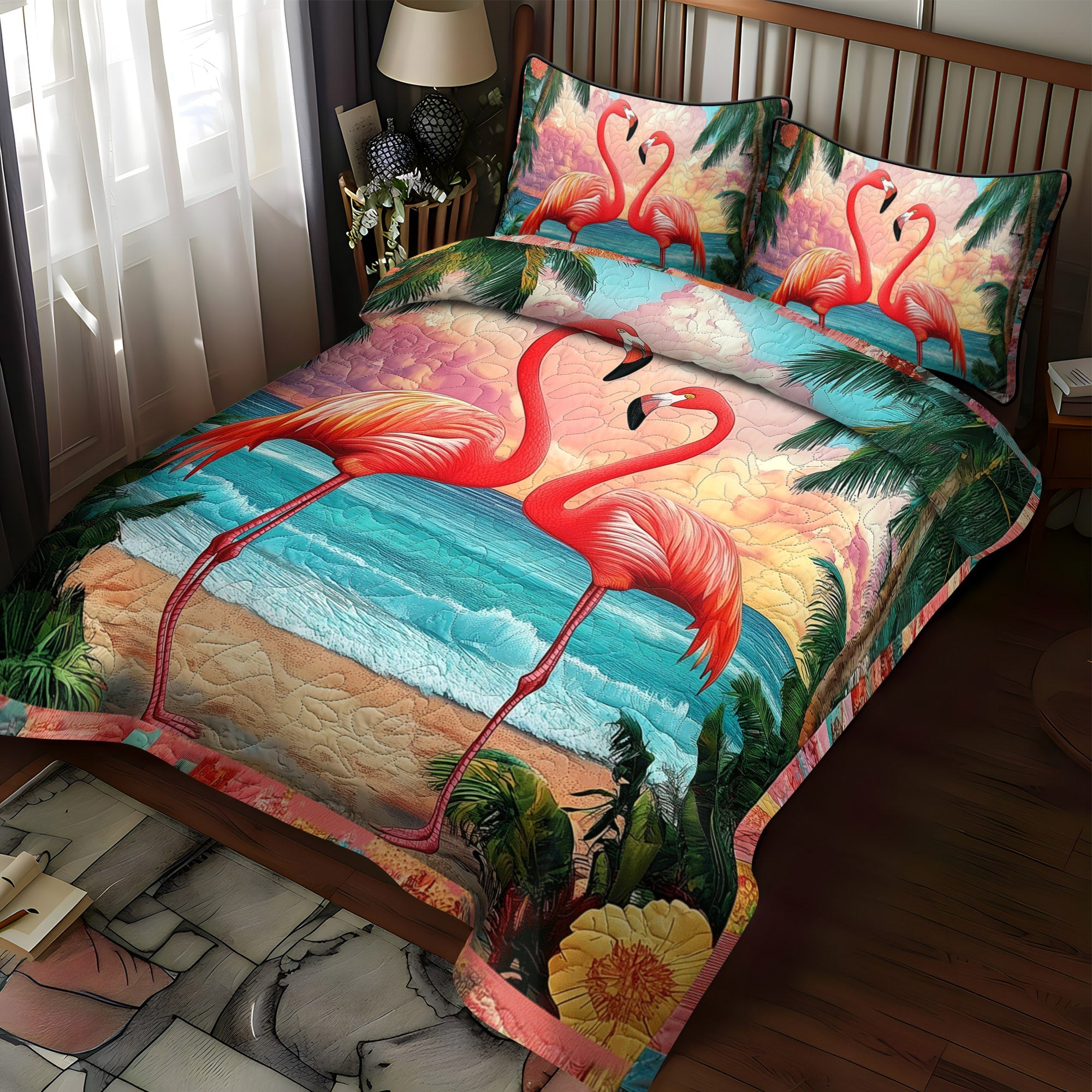 Flamingo Shine 3-Piece Quilted Bedding Set NCU0TL890