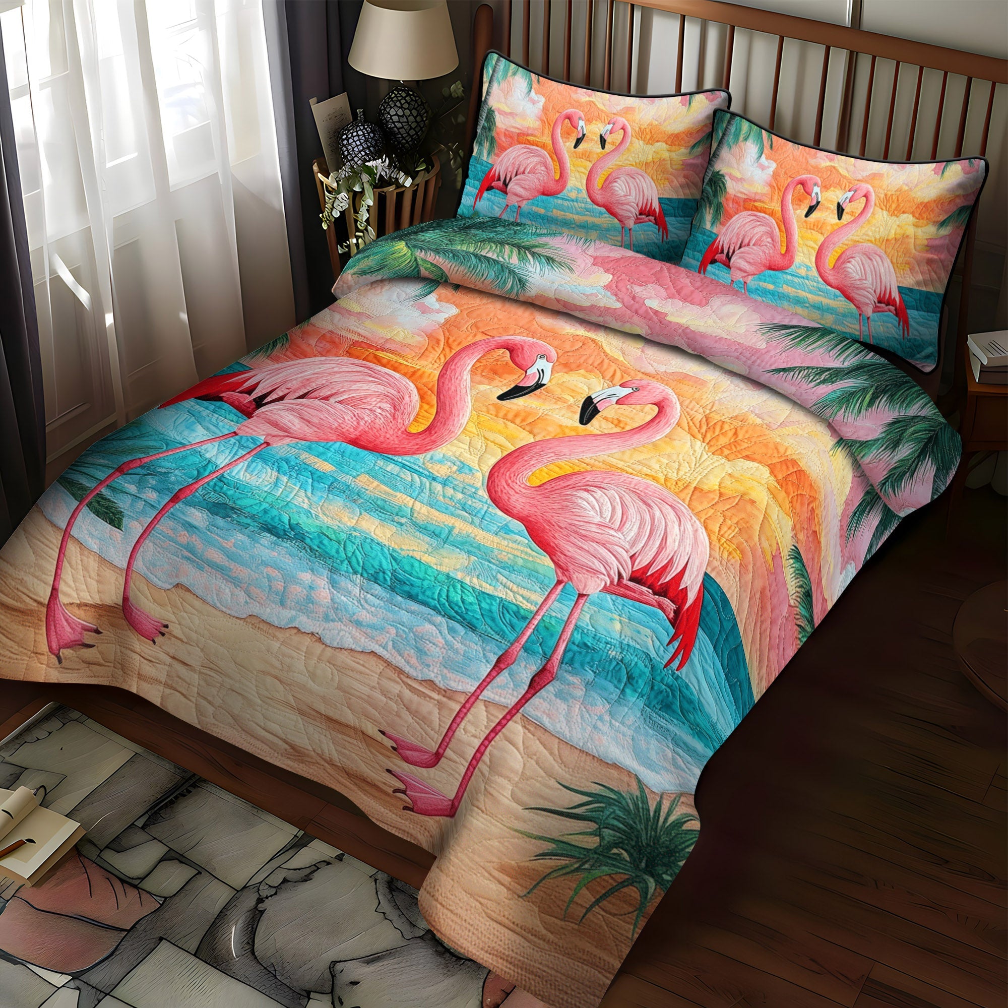 Flamingo Splendor 3-Piece Quilted Bedding Set NCU0TL891